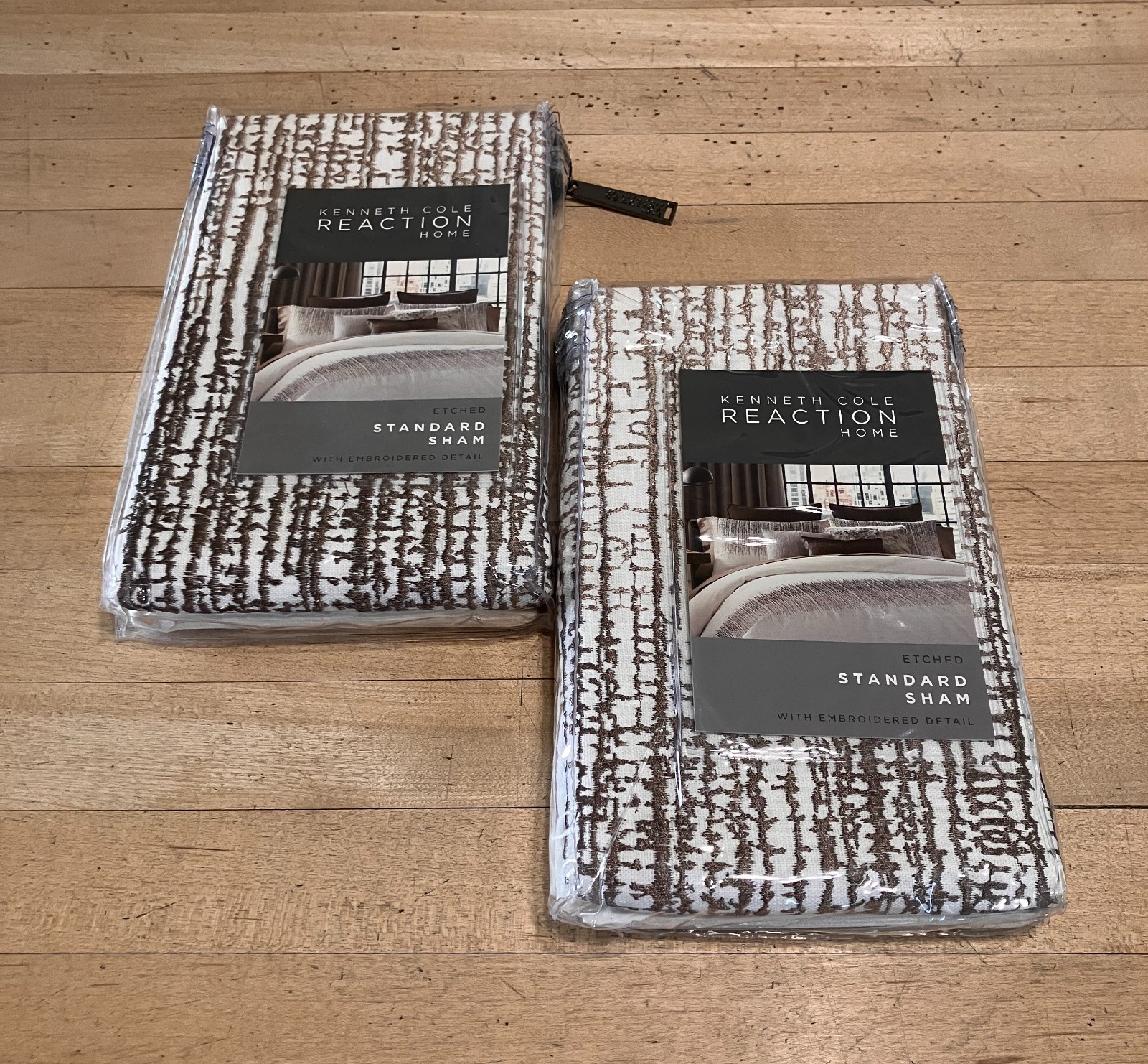Kenneth Cole Reaction (SET OF 2) Etched European Pillow Shams White Brown AN NWT