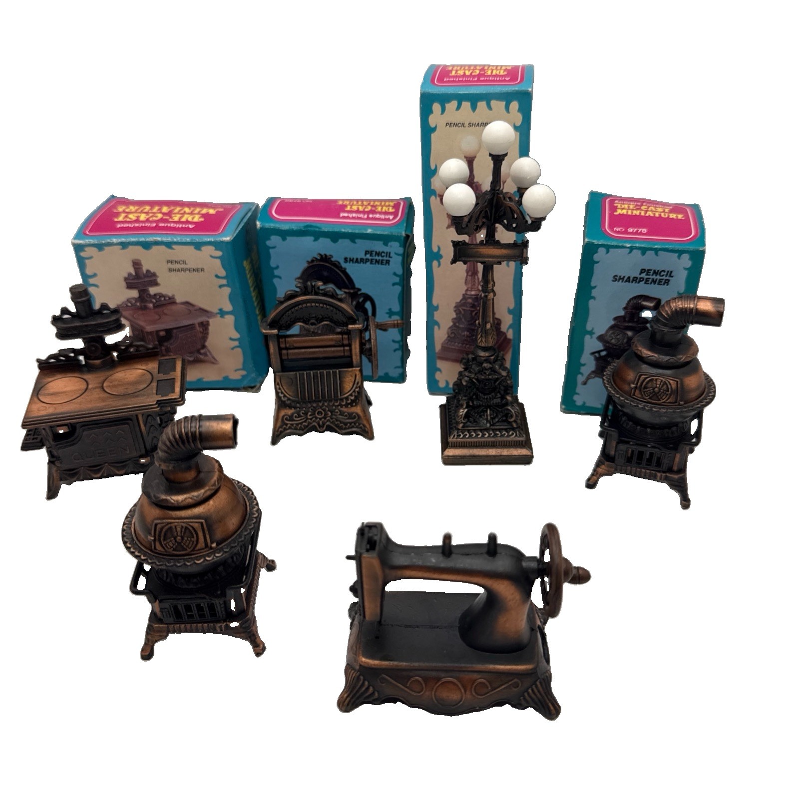 6 Vintage DIE-CAST MINIATURE Pencil Sharpeners Brass Stove Light Furnace Lot New
