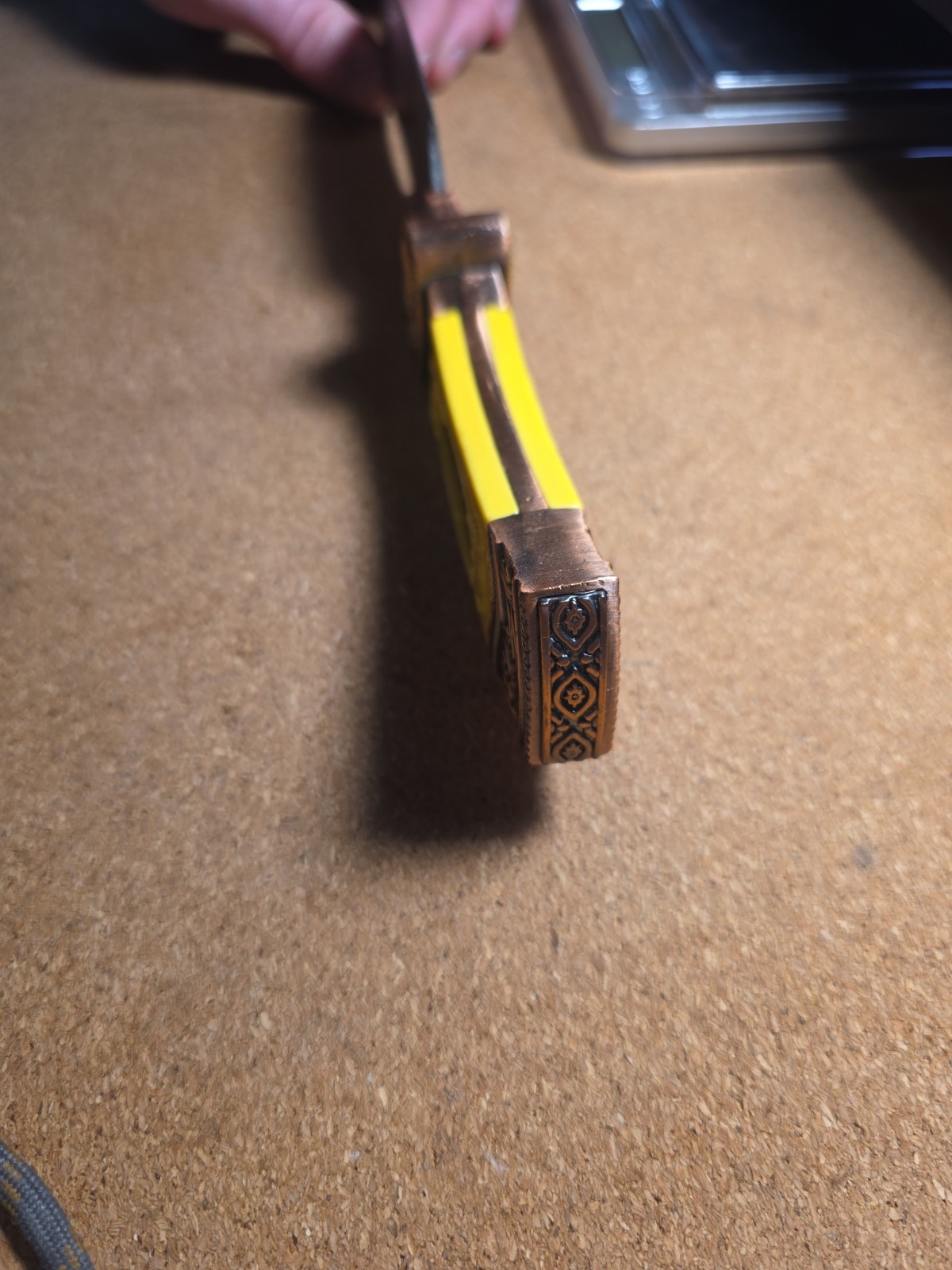 Decorative Kinfe, Deer Pattern, Bronze Accents And Yellow Handle