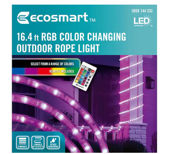 EcoSmart 16.4ft RGB Color Changing LED Outdoor Rope Light Dimmable Remote Contro
