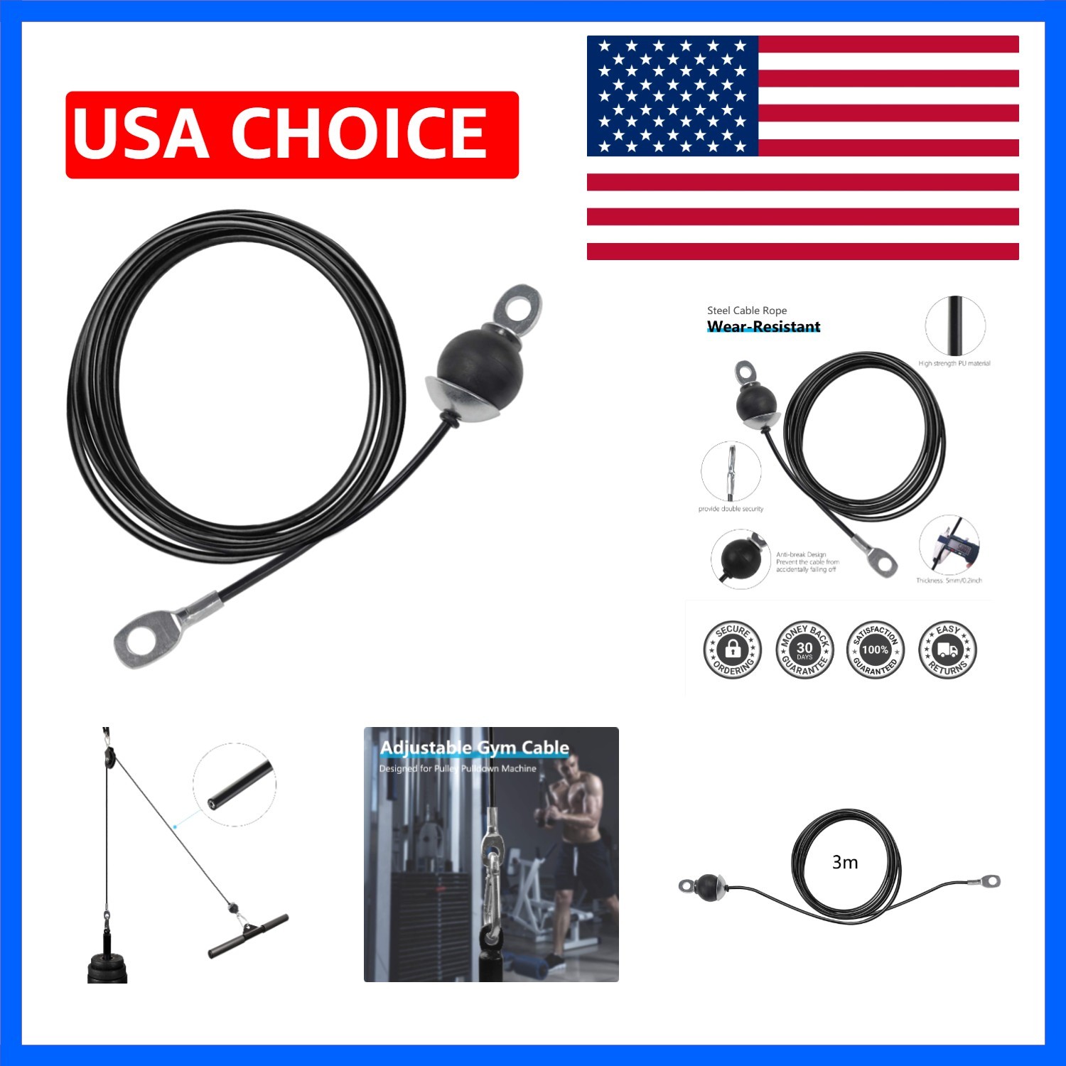Replacement Gym Cable with Stopper Ball Fitness Pulley Cable Steel Wire Rope ...