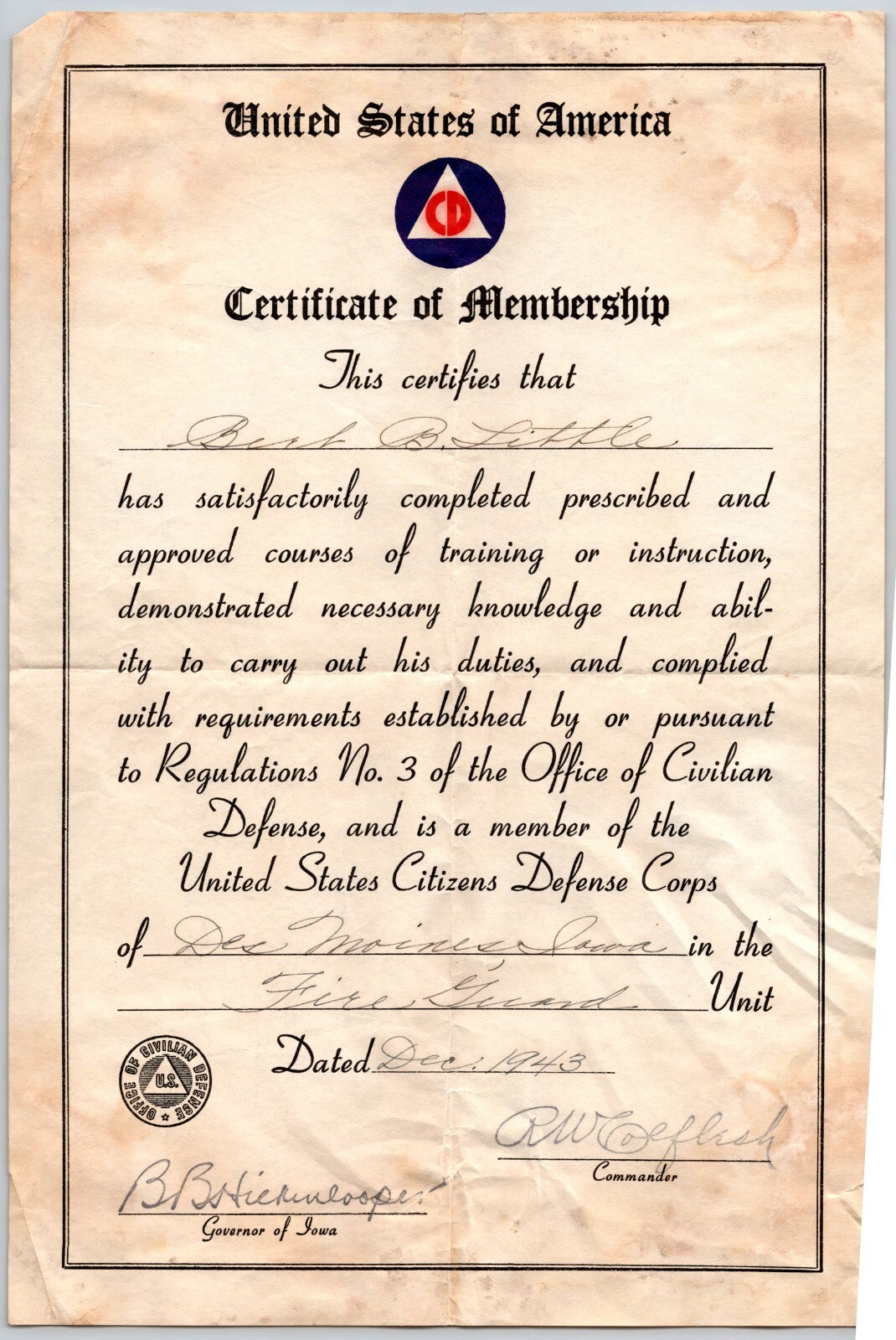 WWII United States Citizens Defense Corps Certificate of Membership 1943 War