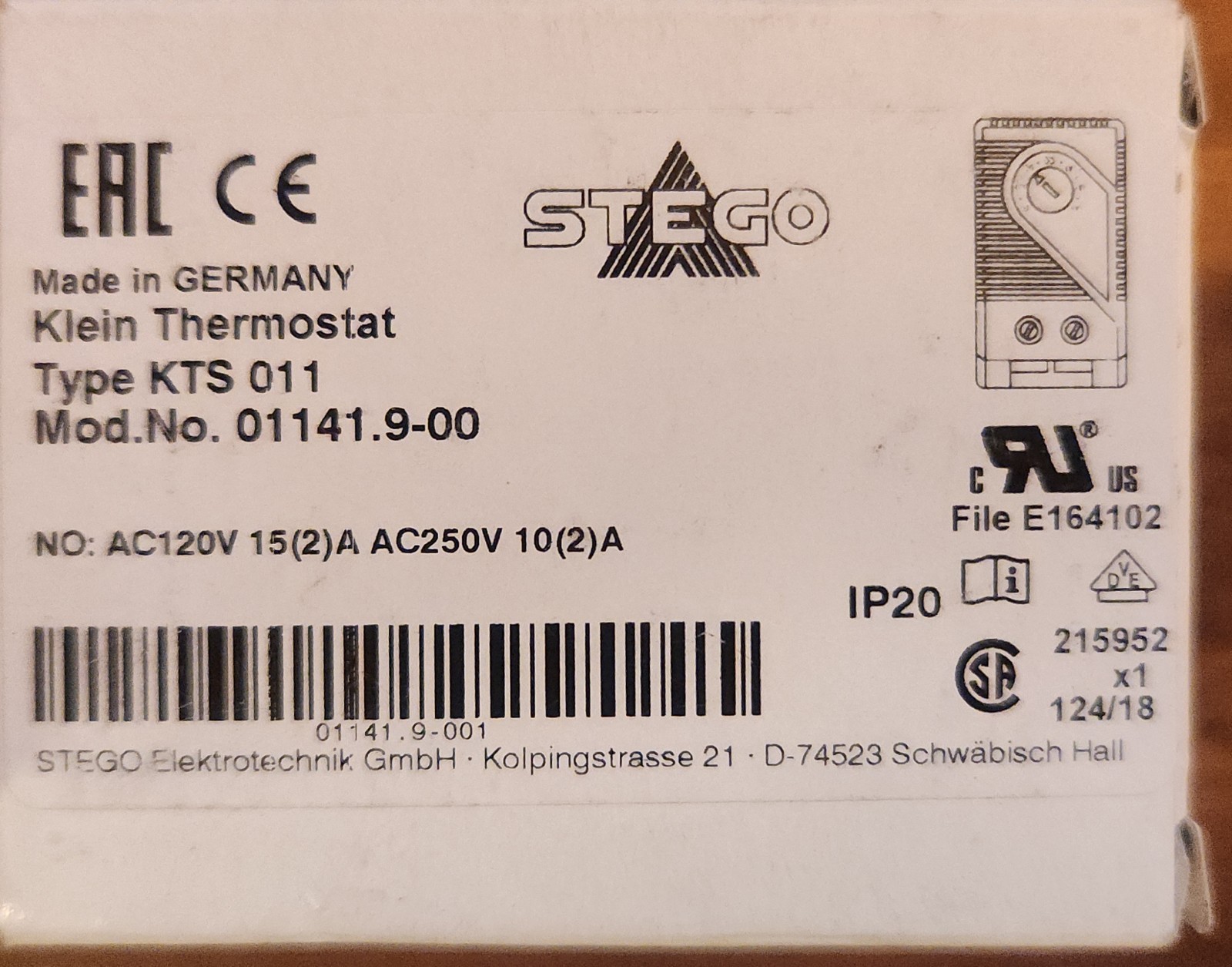 Stego 01141.9-00 Thermostat 32-140 degF 15A 120V