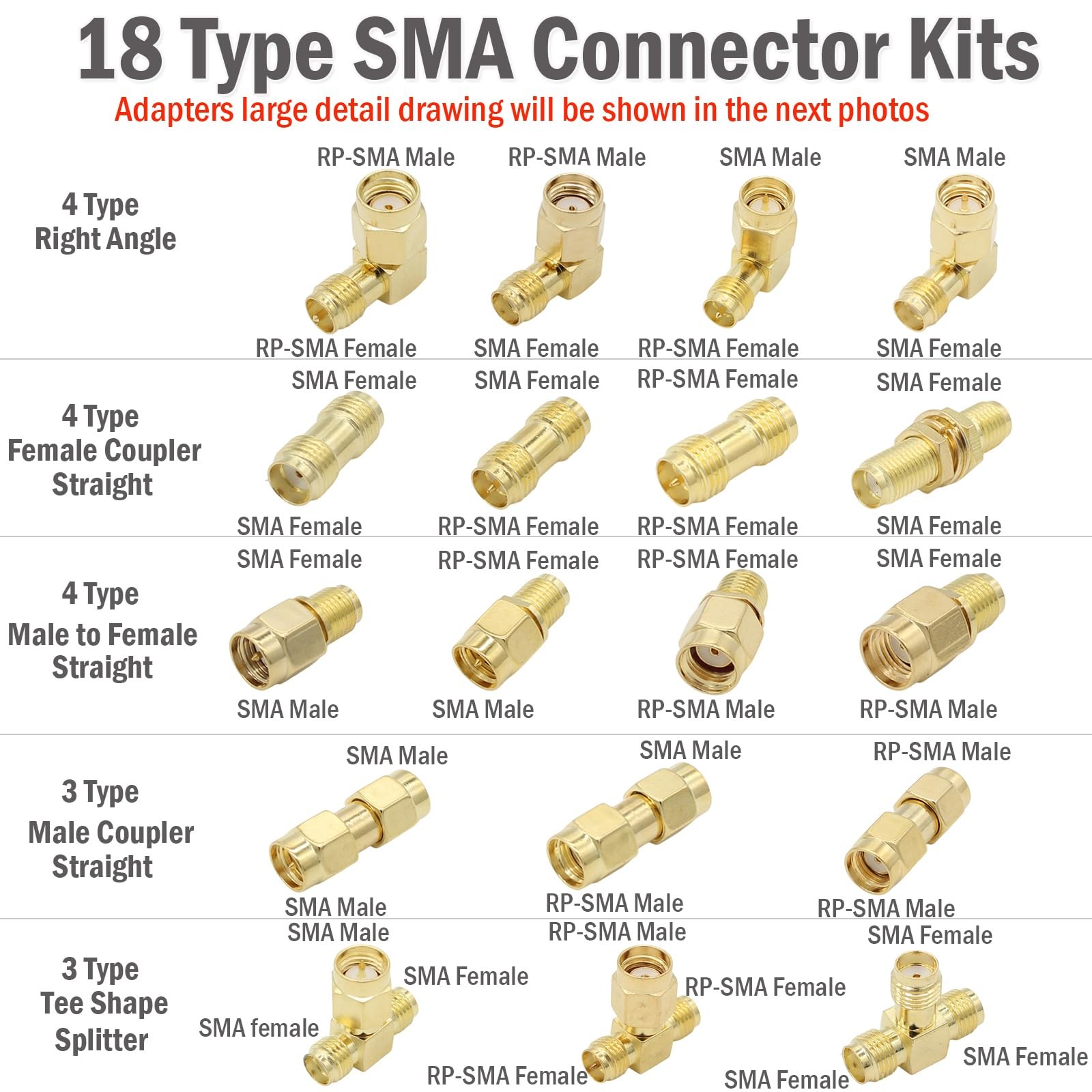 exgoofit SMA Adapter Kit, 18pcs, Gold Plated, Compatible with FPV 18 Type Set