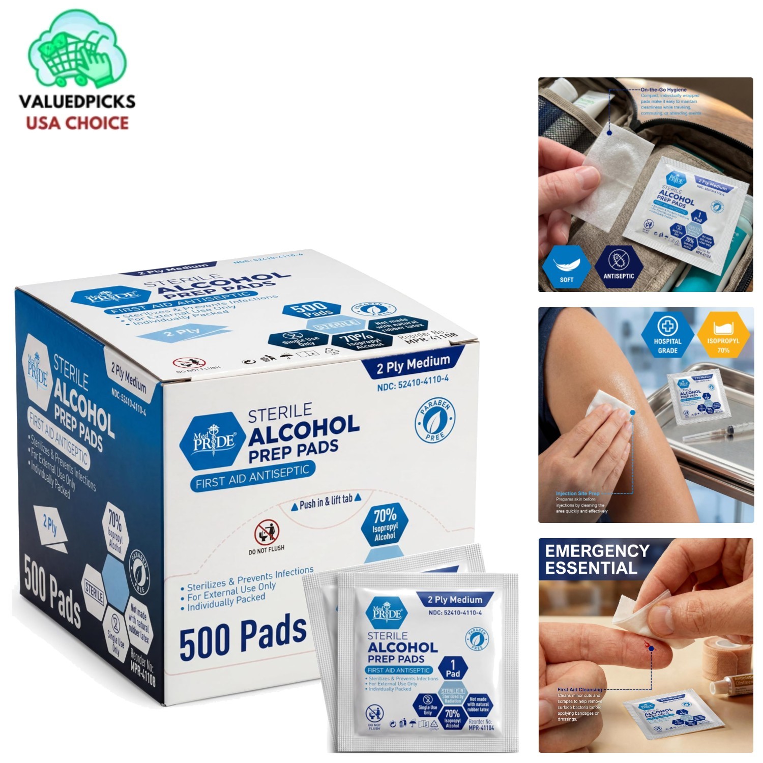 Individually-Wrapped Alcohol Prep Pads, 500 Count - Essential First Aid Supplies