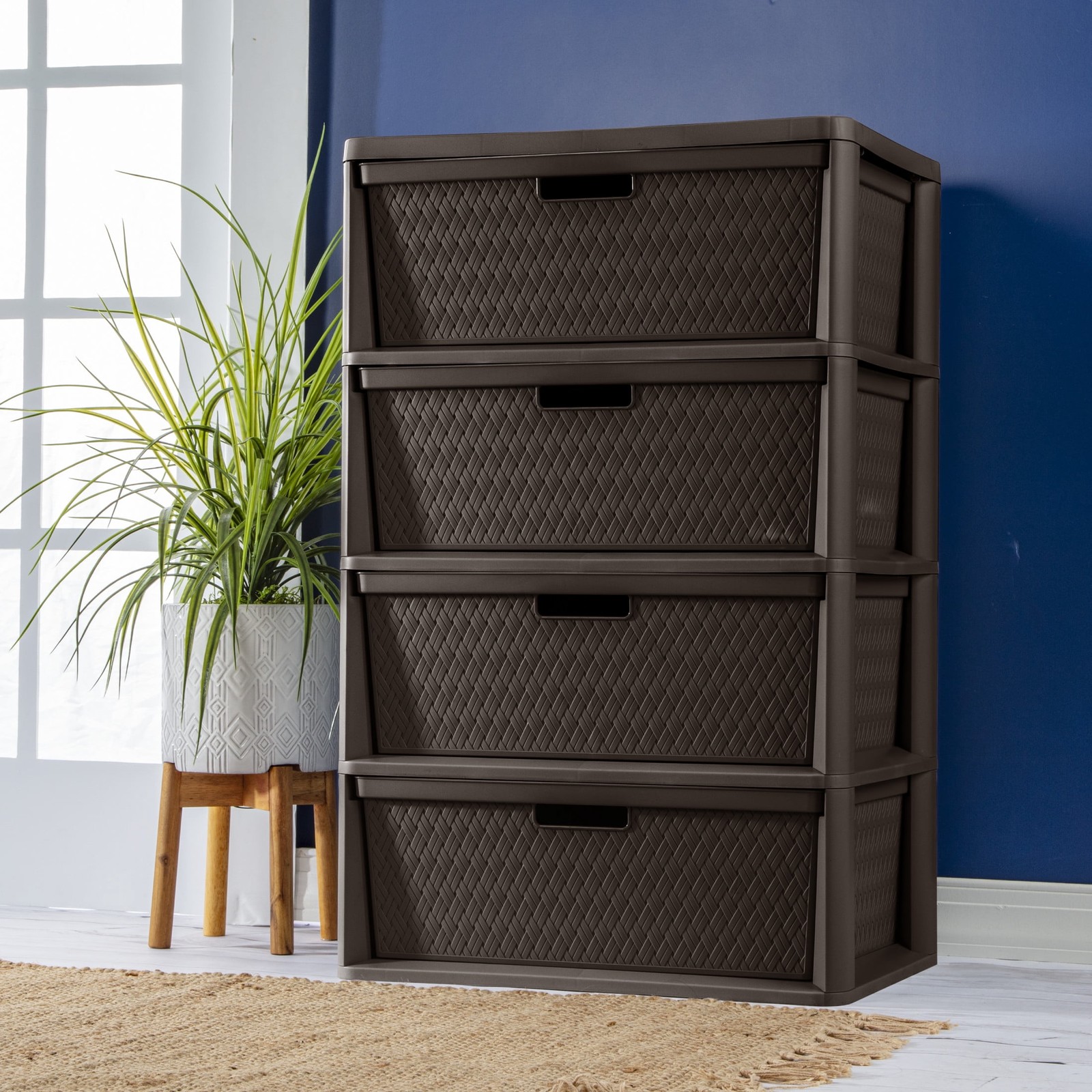Wide 4 Drawer Tower Easy to Assemble W/ Removable Decorative Cross-Weave Plastic