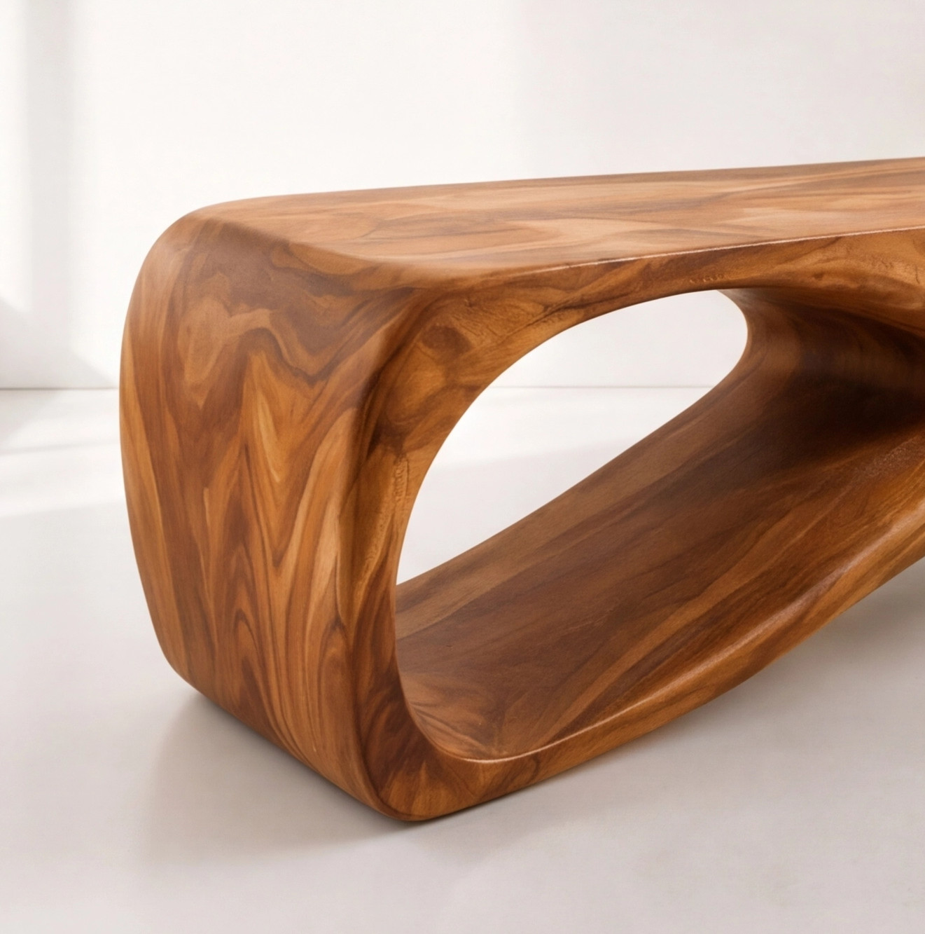 Tri-Cutout Bench Modern Sculptural Entryway Seating Stand Genuine Solid Wood