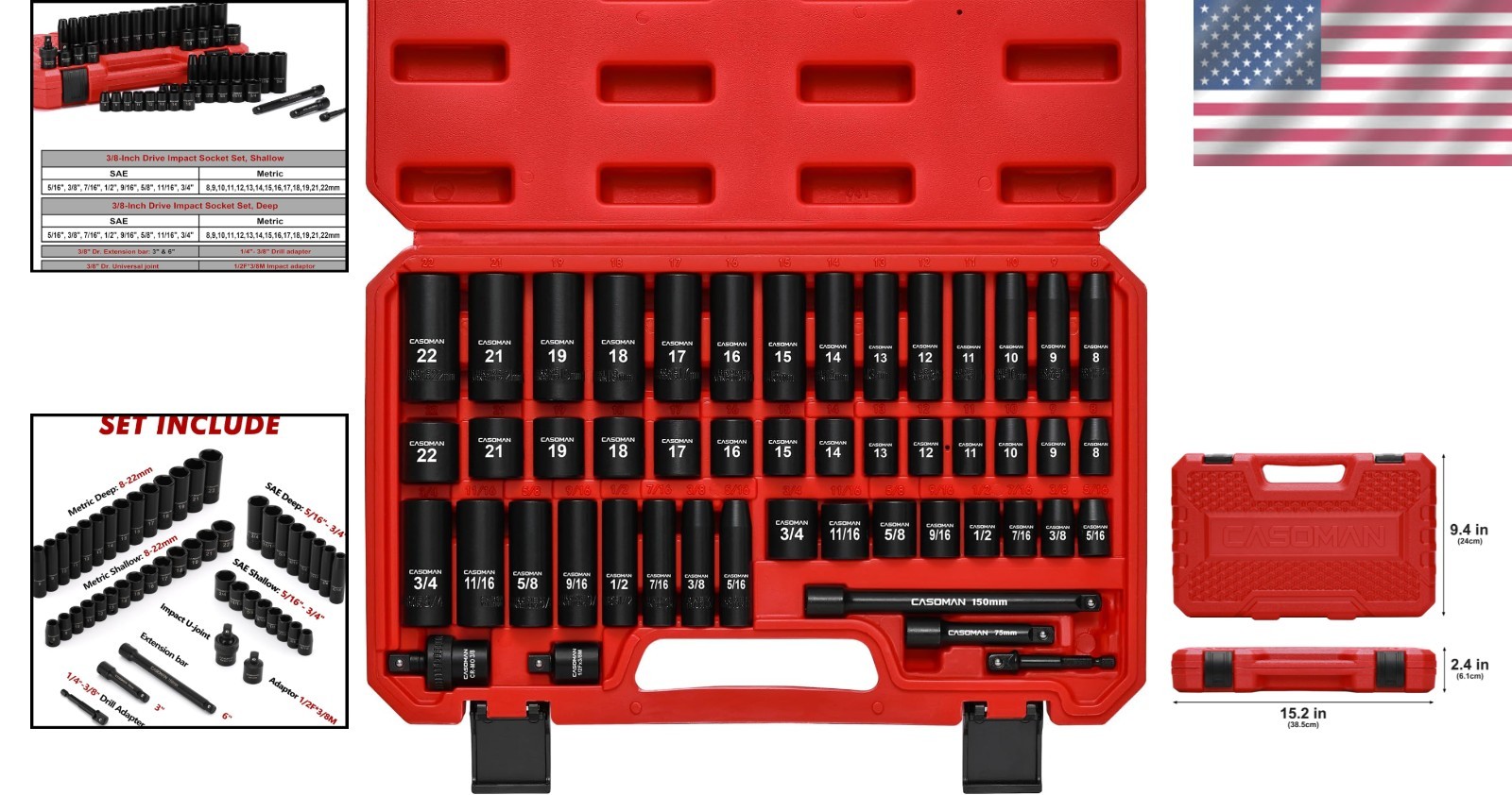 Impact Socket Set 49 Pcs Chrome Vanadium Deep Shallow SAE Metric Heavy Duty