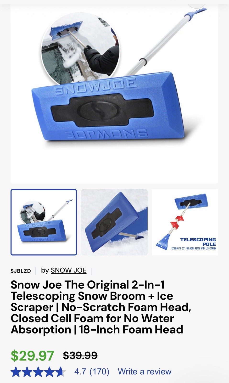 SnowJoe 2-In-1 Ice Scraper And Snow Broom