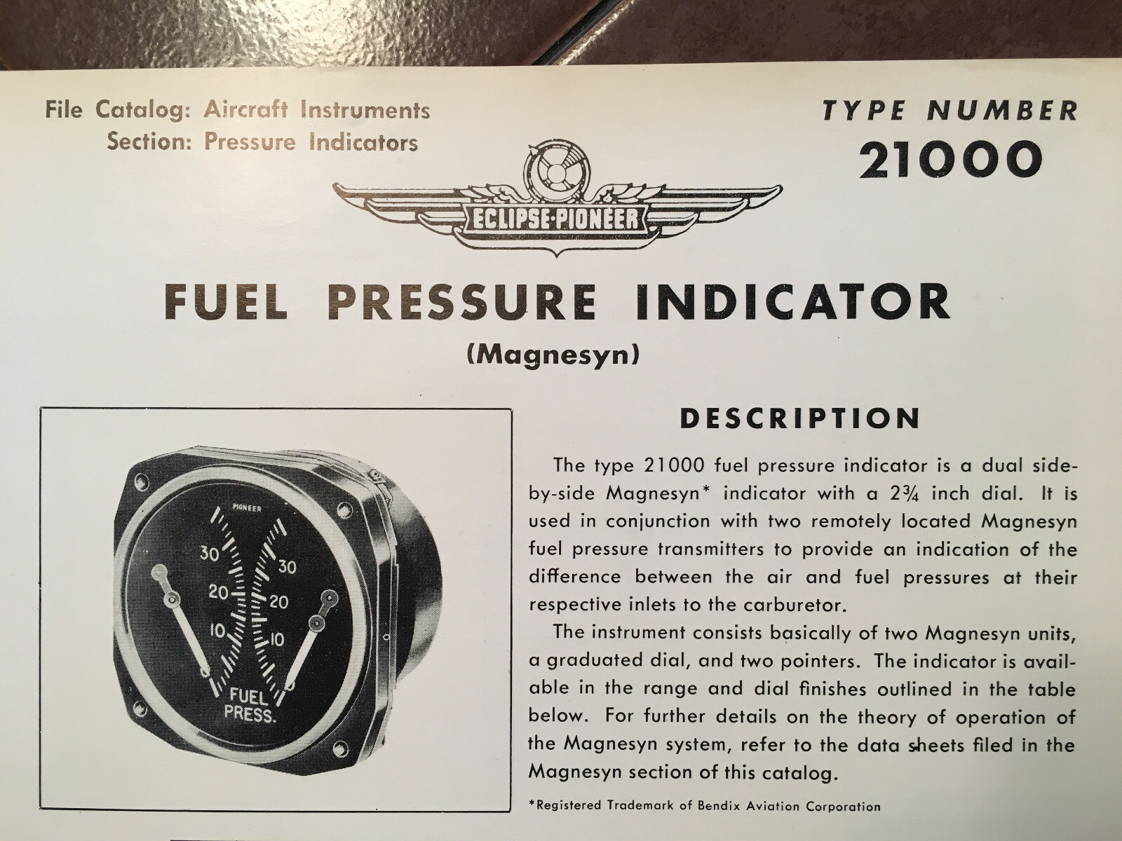 Fuel Pressure Indicator Magnesyn 21000 Description & Interconnect Data Sheet