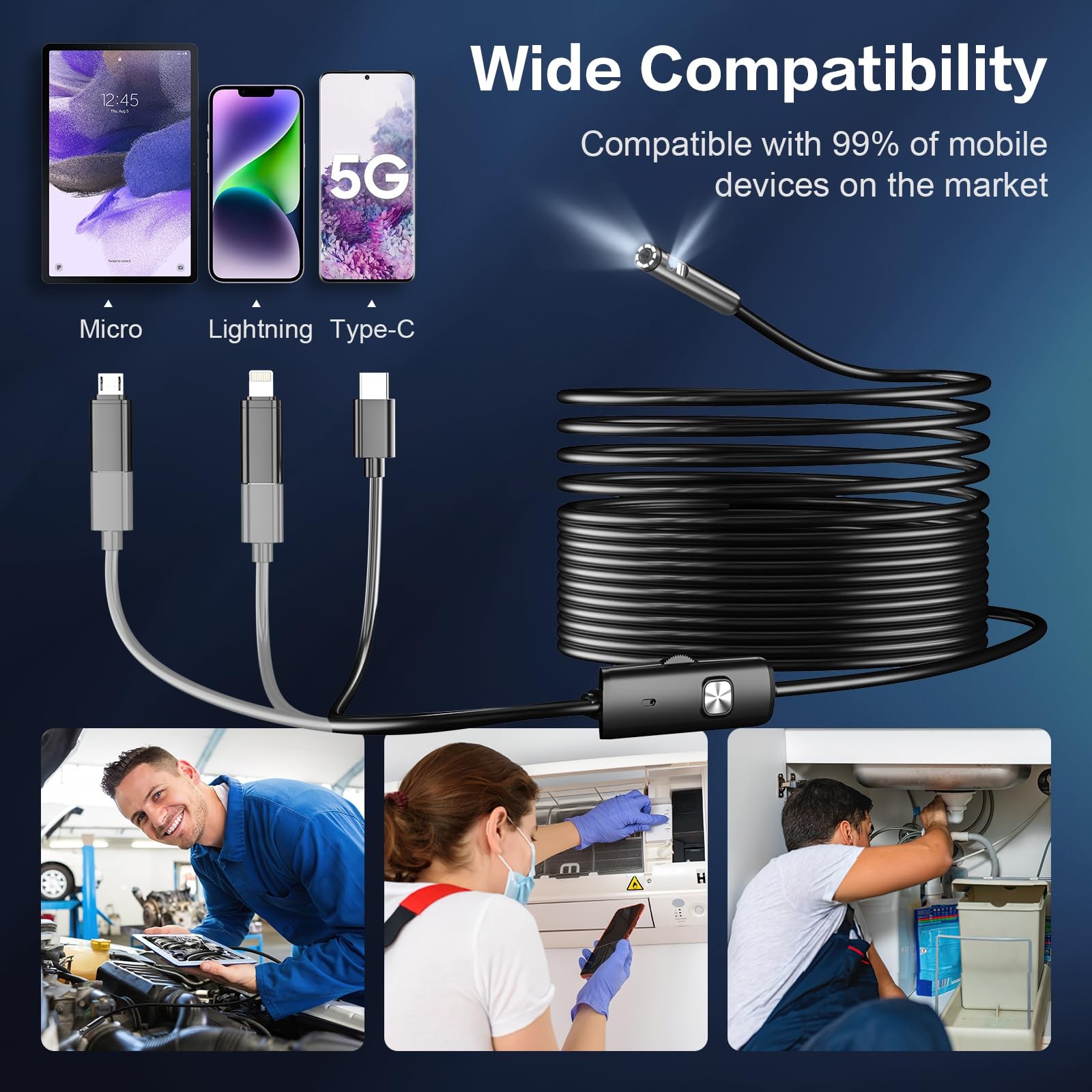 Dual Lens Endoscope Borescope Inspection Camera with 8 Adjustable LED Lights ...