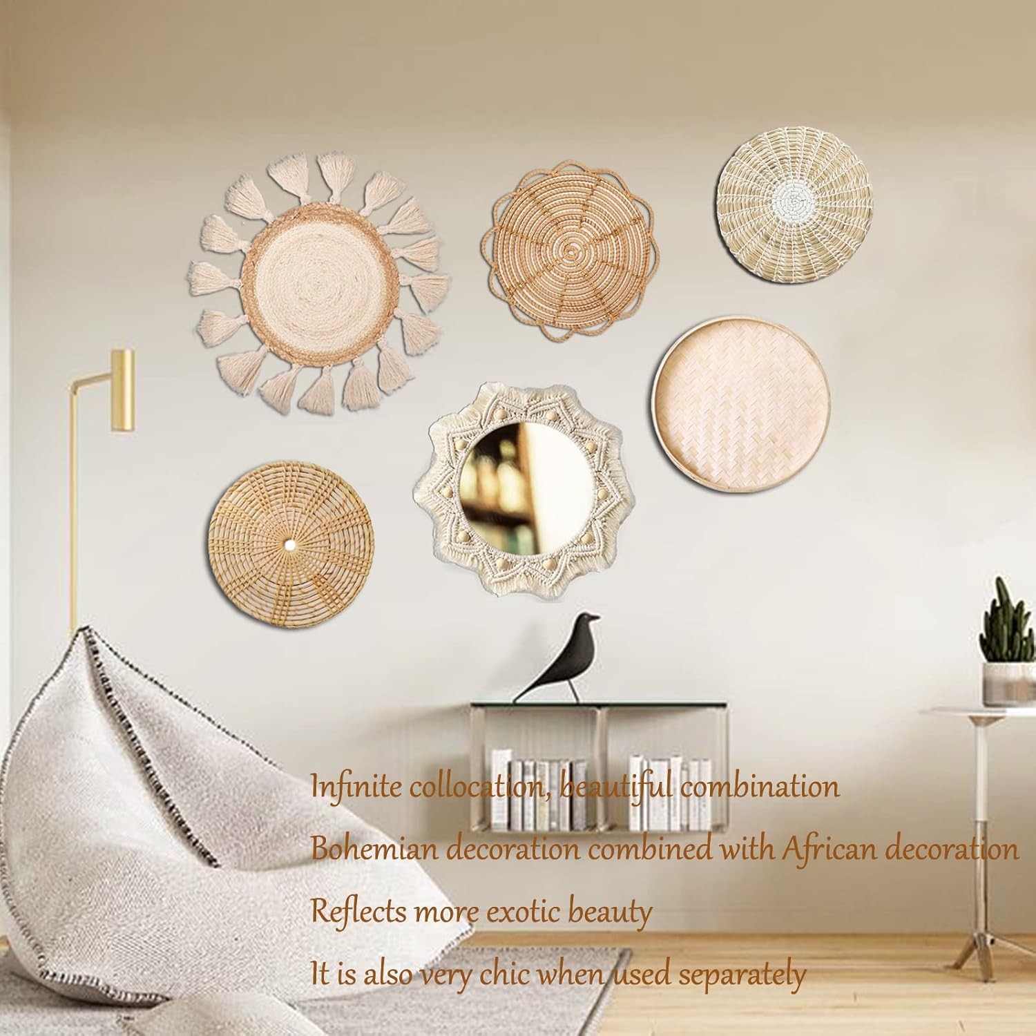 Boho Wall Basket Decor Set - Flat Woven Macrame Tapestry, Mirror White Round Tas