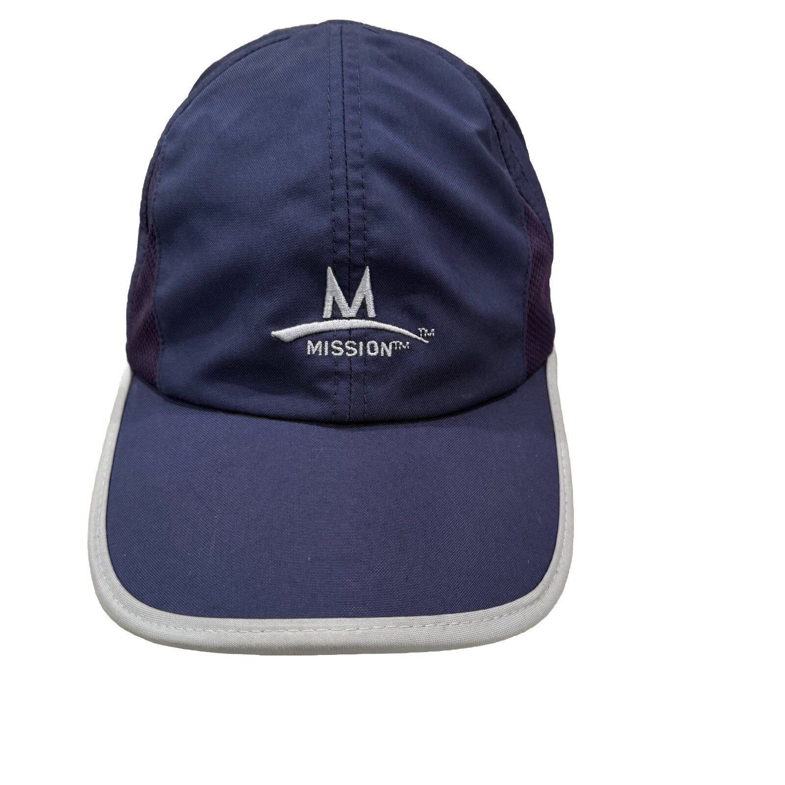 Mission M on BLue w Gray Hat Cap Light Weight Hook Loop EUC