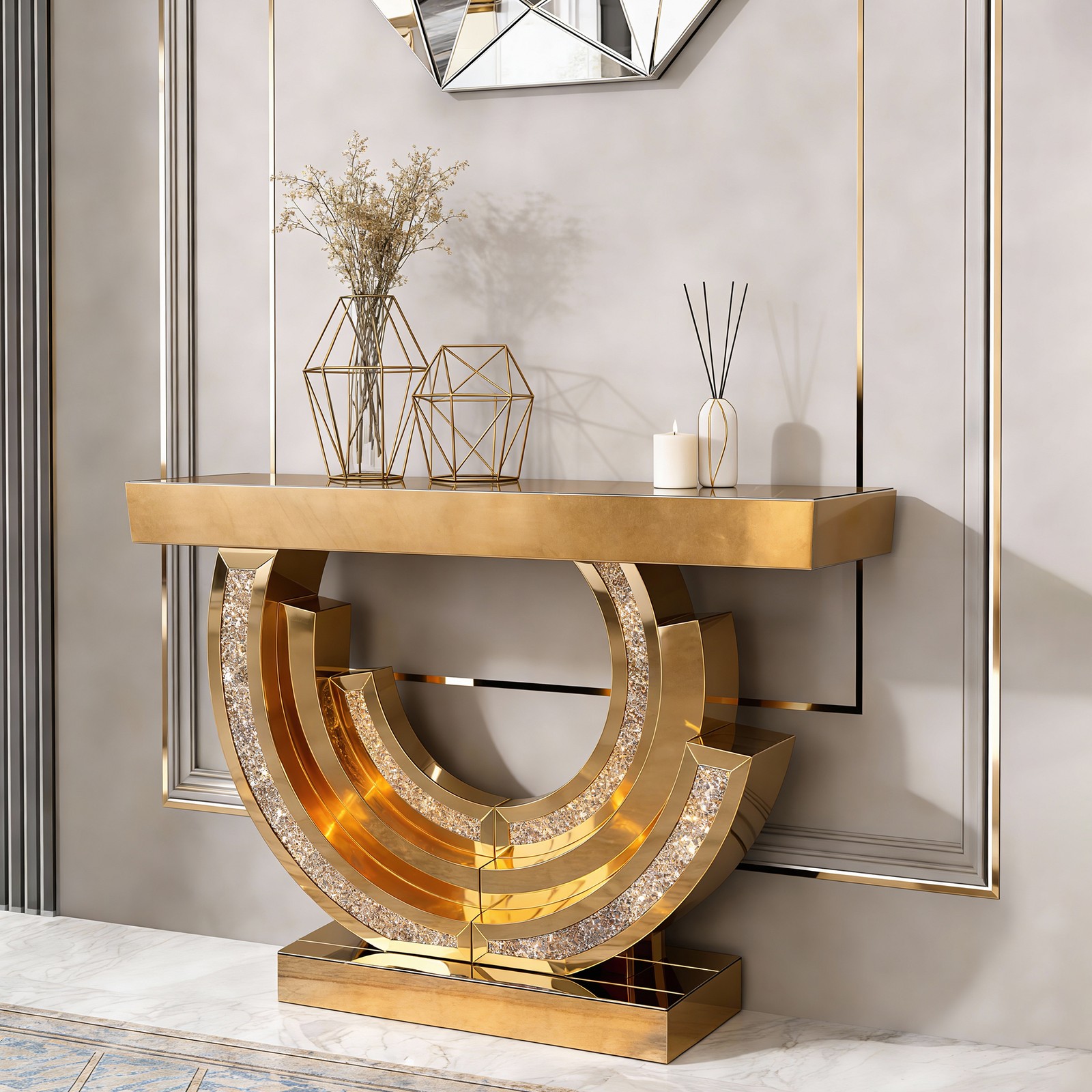 Design Crushed Diamond Mirrored Console Table Entryway Table with Diamond Inlay