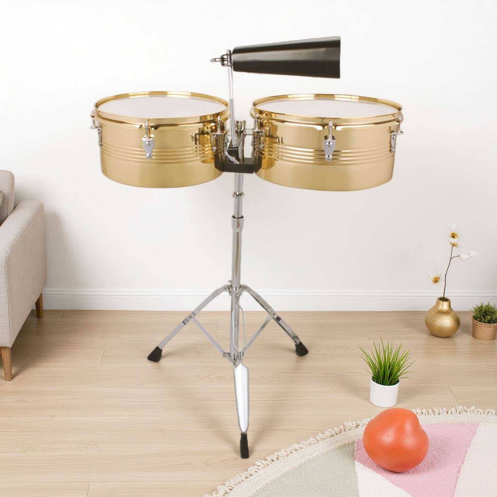 13" 14" Timbales Beginner Drum Set - Latin Cowbell Adjustable Stand Sticks Gold