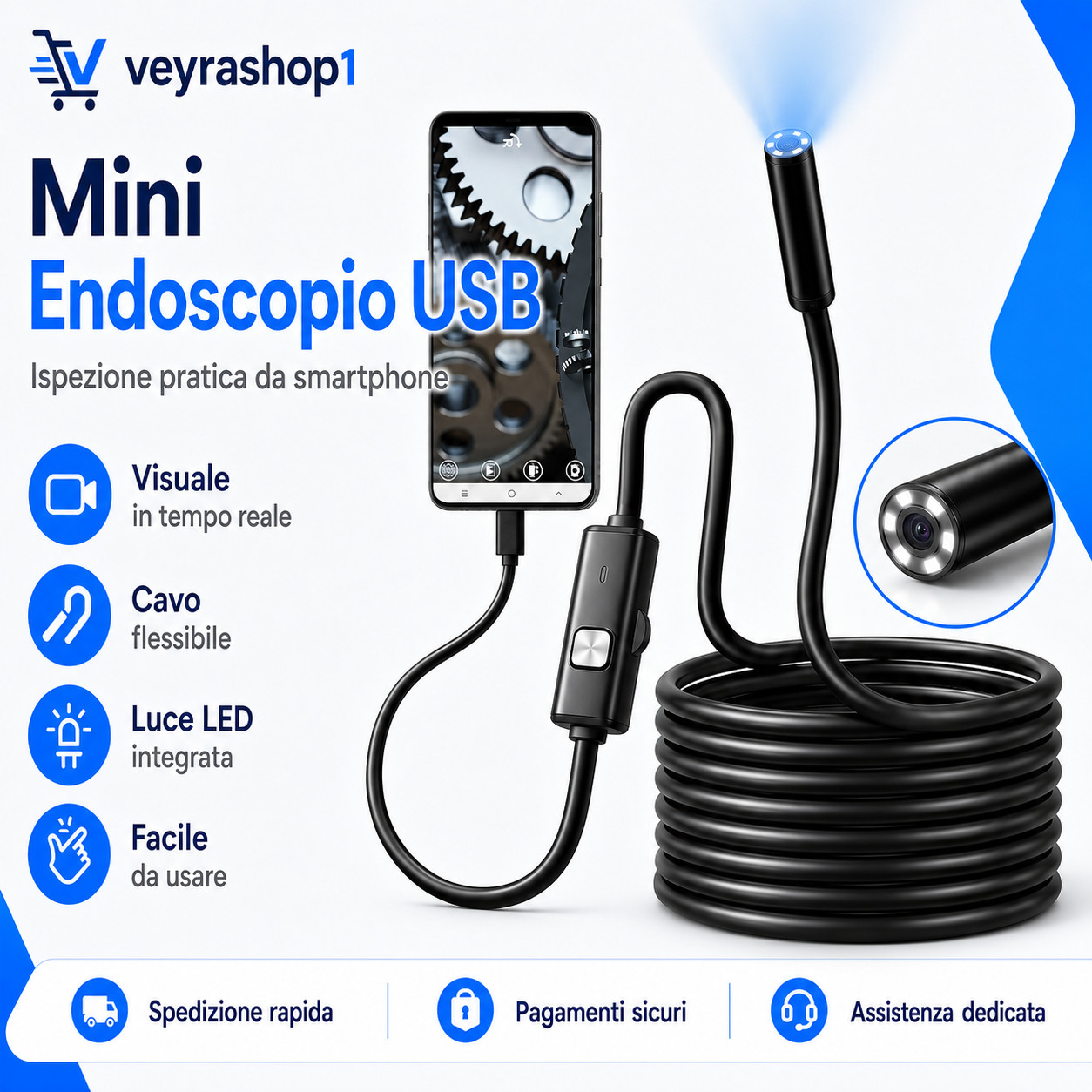 Flexible Endoscope Inspection 7.0mm USB Type-C Android PC Camera IP67