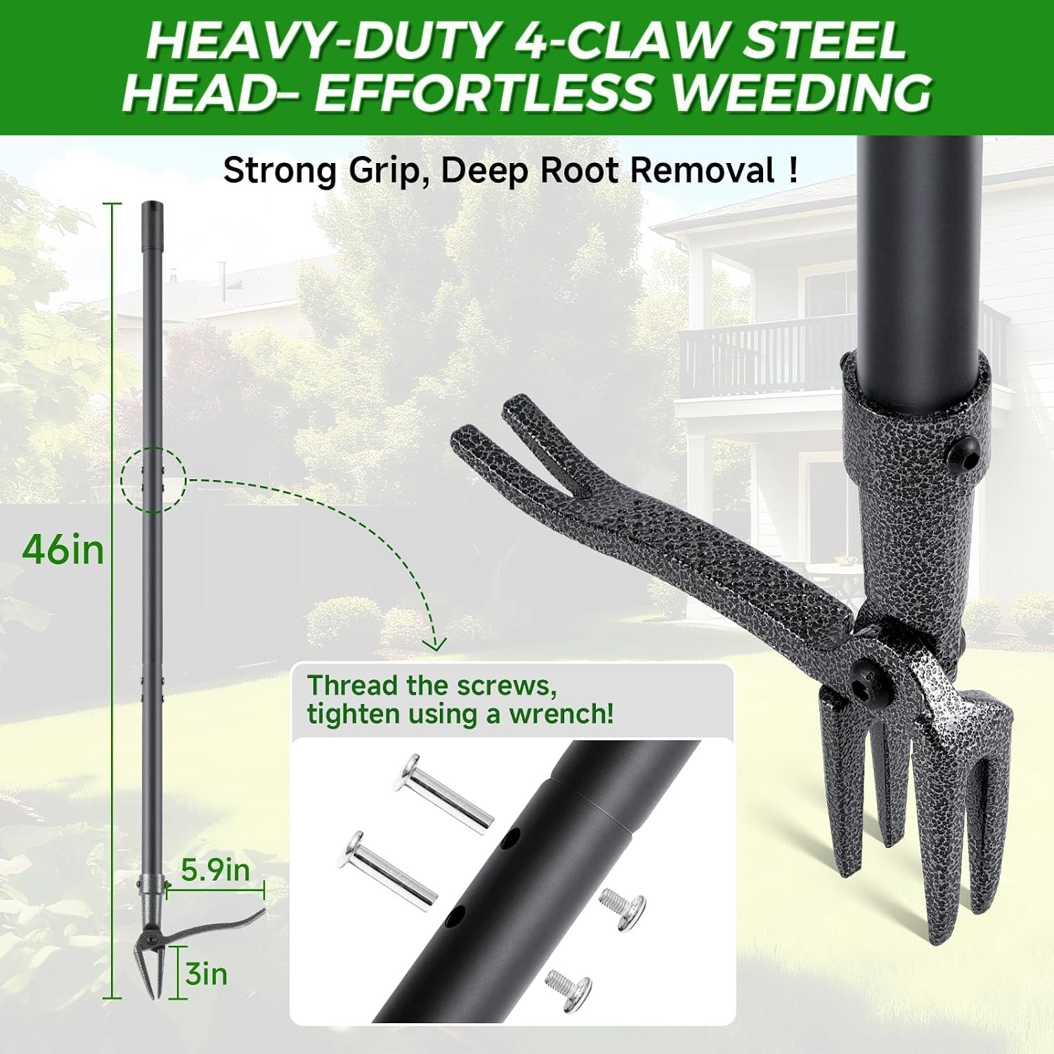 RexWeed Stand Up Weed Puller Tool, 46" Adjustable All-Metal Long Handle Black