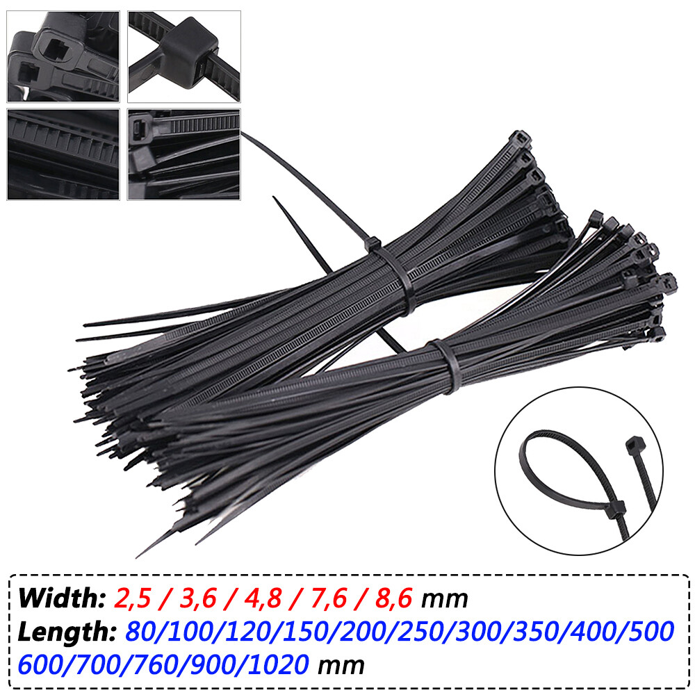Black Plastic Nylon Cable Ties Zip Tie Wraps Self-Locking 2.5x80 to 8.6x1020 mm