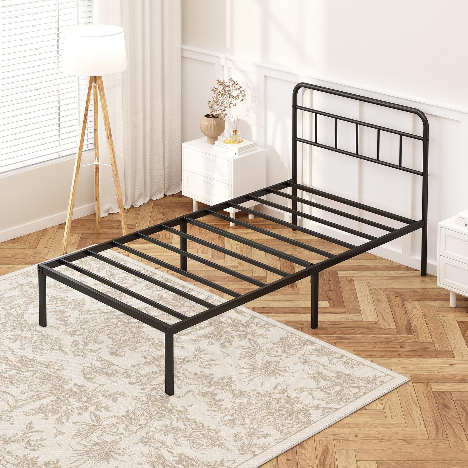 Twin Size Metal Bed Frame with Headboard, Platform Base, Black