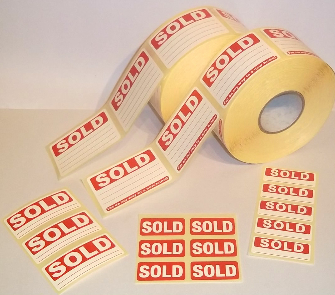 Bright Red SOLD Stickers / Swing Tag Labels / Sticky Labels - Removable Adhesive