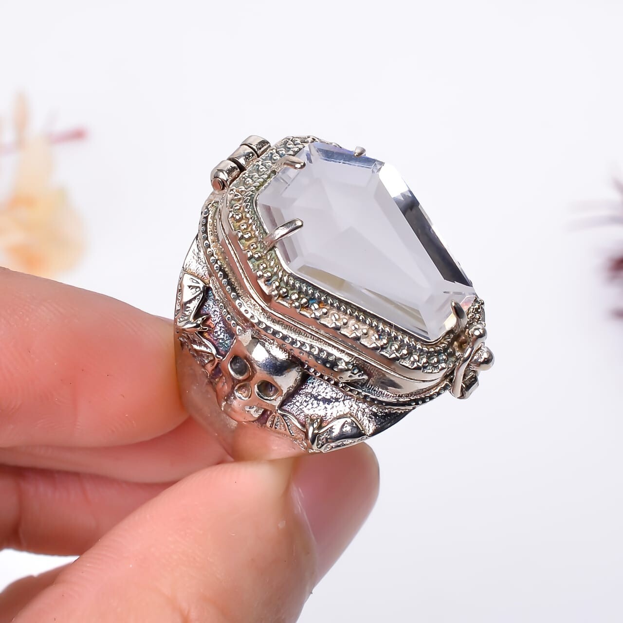 White Topaz Skull Coffin Poison Ring | Handmade 925 Sterling Silver Gothic Ring
