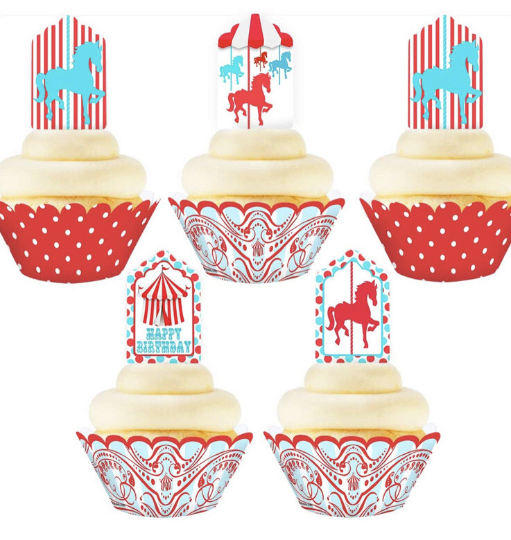 144 Pcs Carousel Circus Theme Toppers And Wrappers Cupcake Wraps Blue Red