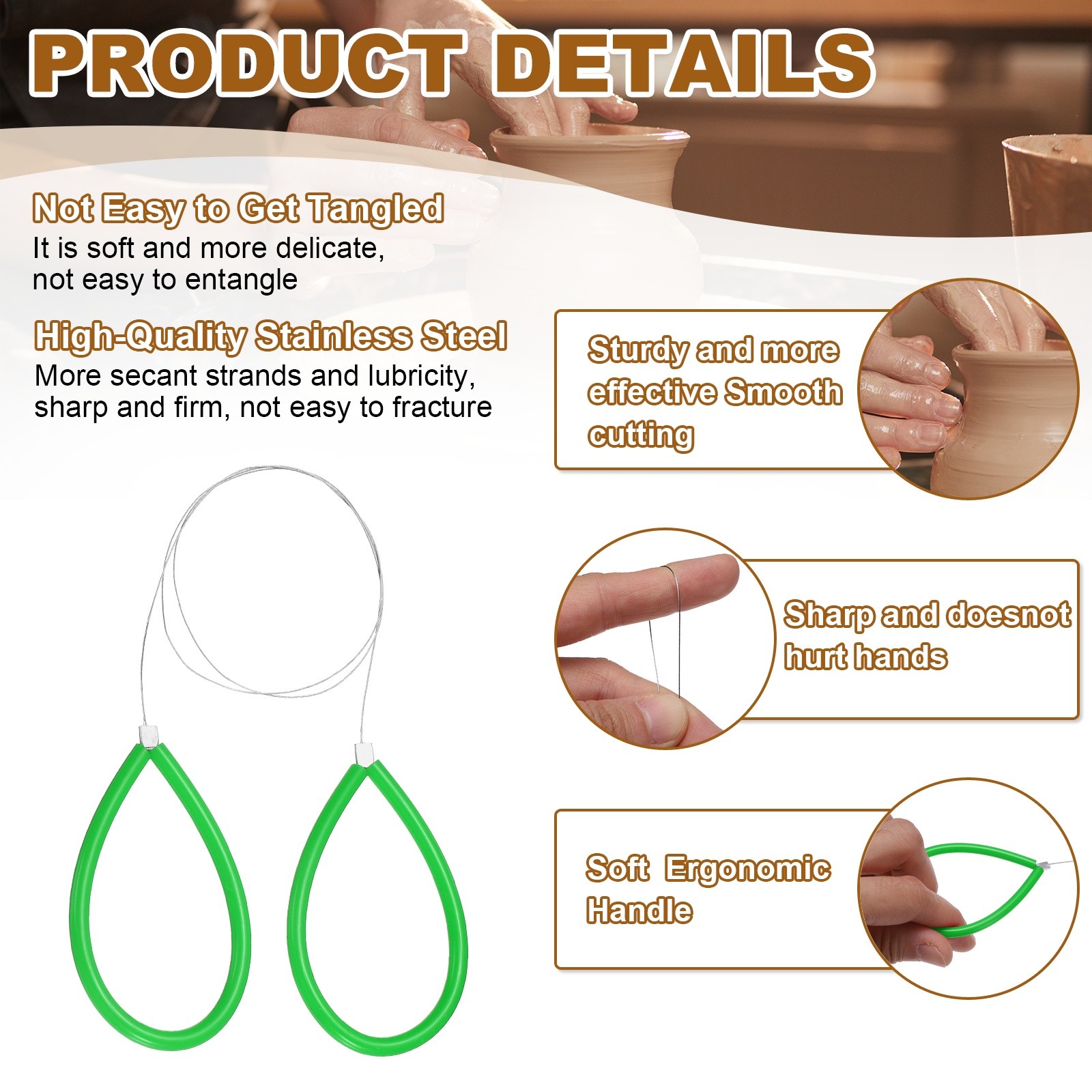 2pcs Pottery Wire Tool with Rubber Handle for Pottery, Green