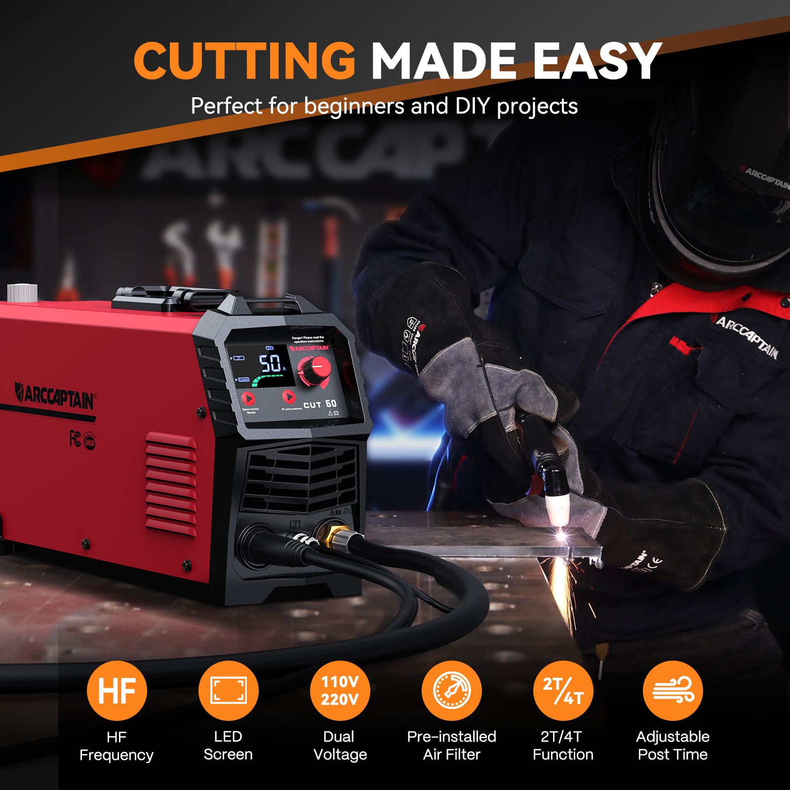 ARCCAPTAIN Plasma Cutter 50A Air Cutting Machine Dual Voltage LED Display IGBT