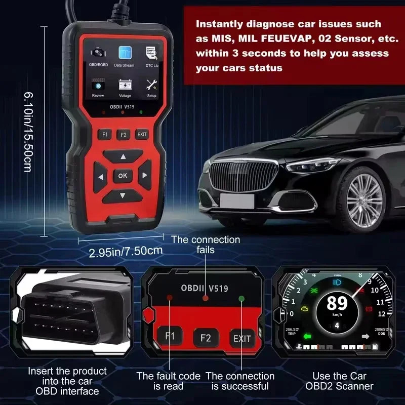 2026 V519 OBD2 Scanner Car Code Reader Check Engine Fault Diagnostic Tool OBDII