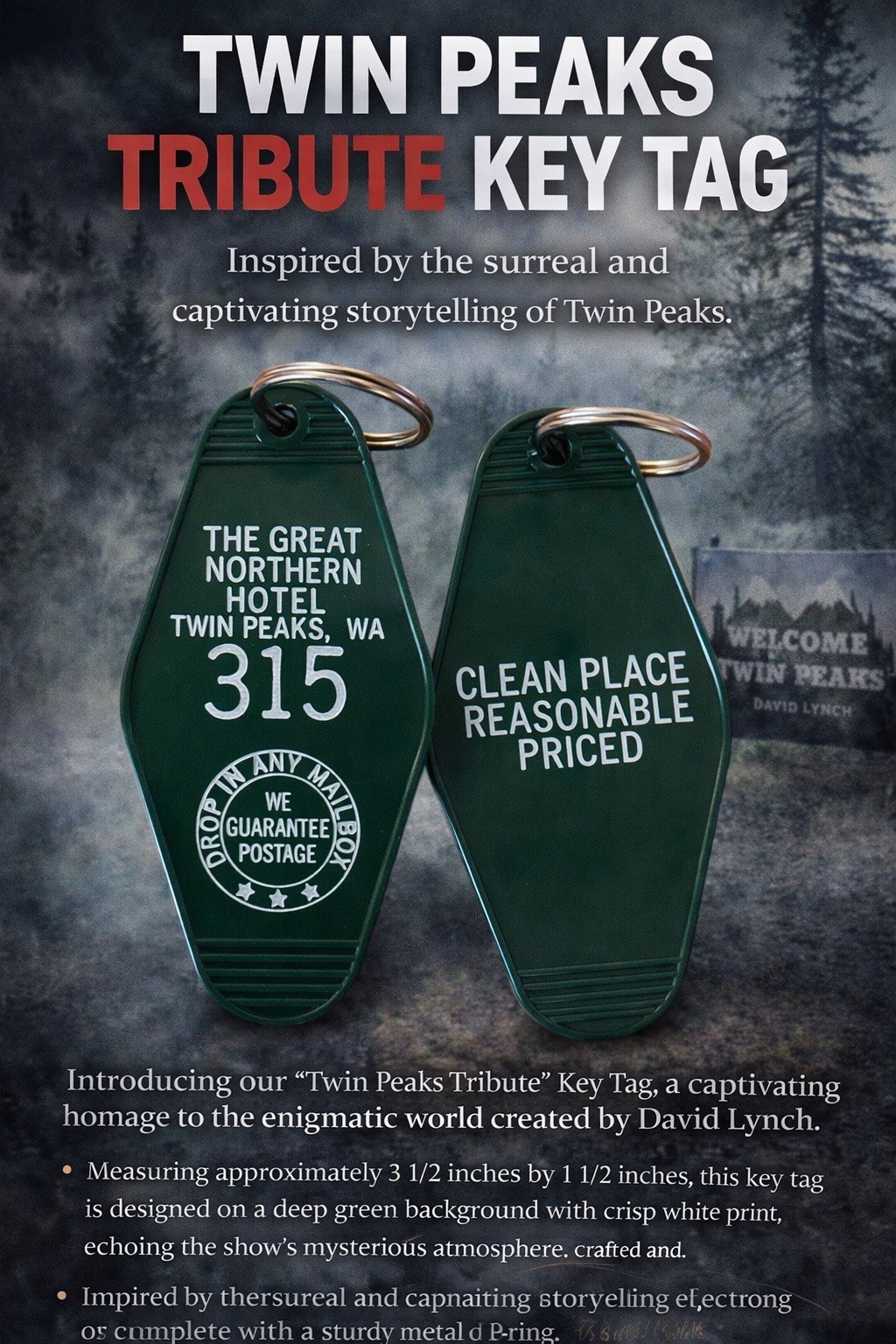 TWIN PEAKS Inspired Great Northern Hotel Inspired Keytag SHIPS FROM USA