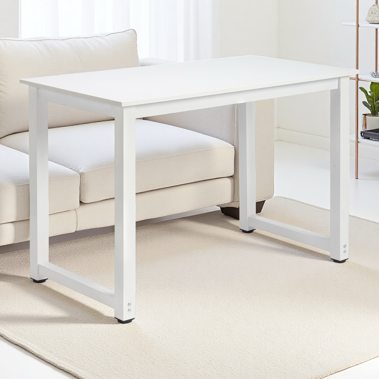 Simple Computer Desk - Portable, White, Steel White Frame & Adjustable Foot Pad