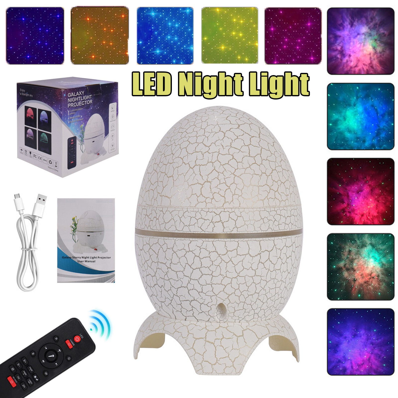 Dinosaur Egg Galaxy Projector Bedroom LED Night Light With Music Player Gifts