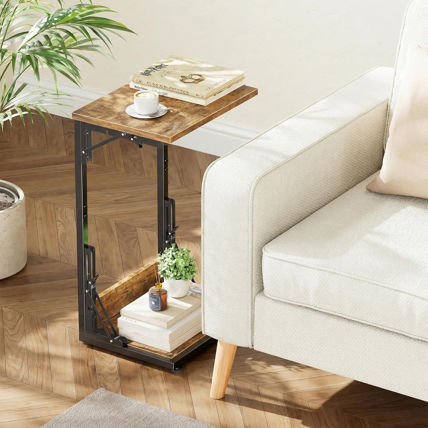 C Shaped End Table Folding TV Tray Table Side Table Living Bedroom Rustic Brown