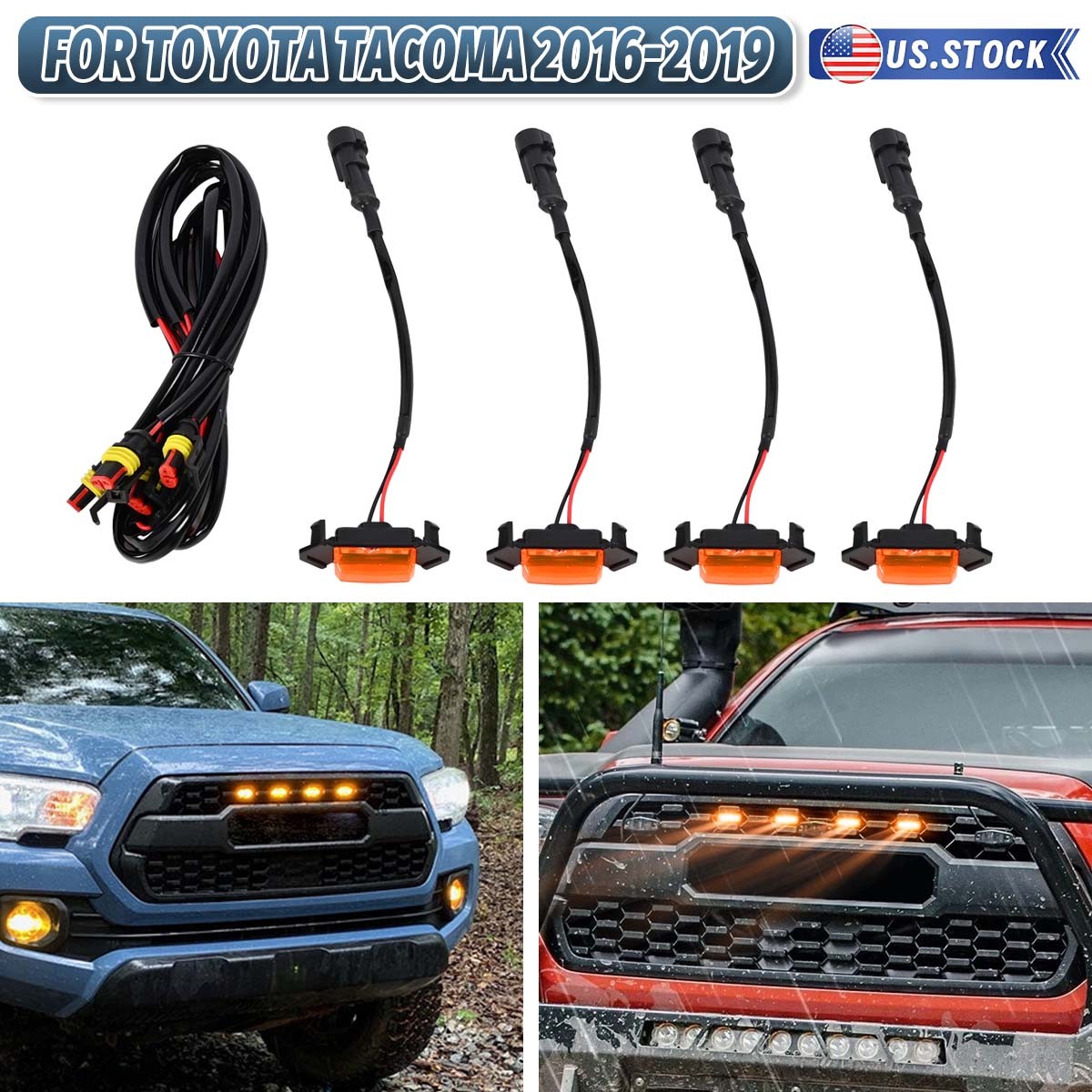 4x LED Front Grill Lights Smoked Front Amber For Toyota Tacoma for Tundra Raptor