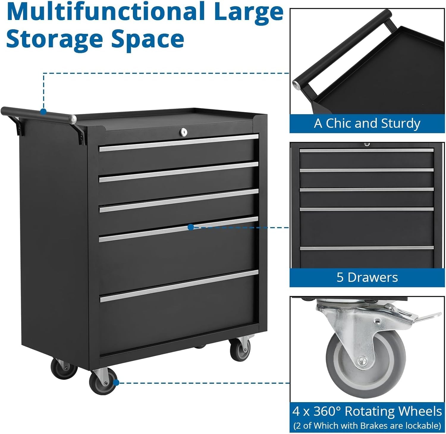 5-Drawer Rolling Tool Chest Tool Box with Wheels Tool Cart Mechanic Tool Cabinet