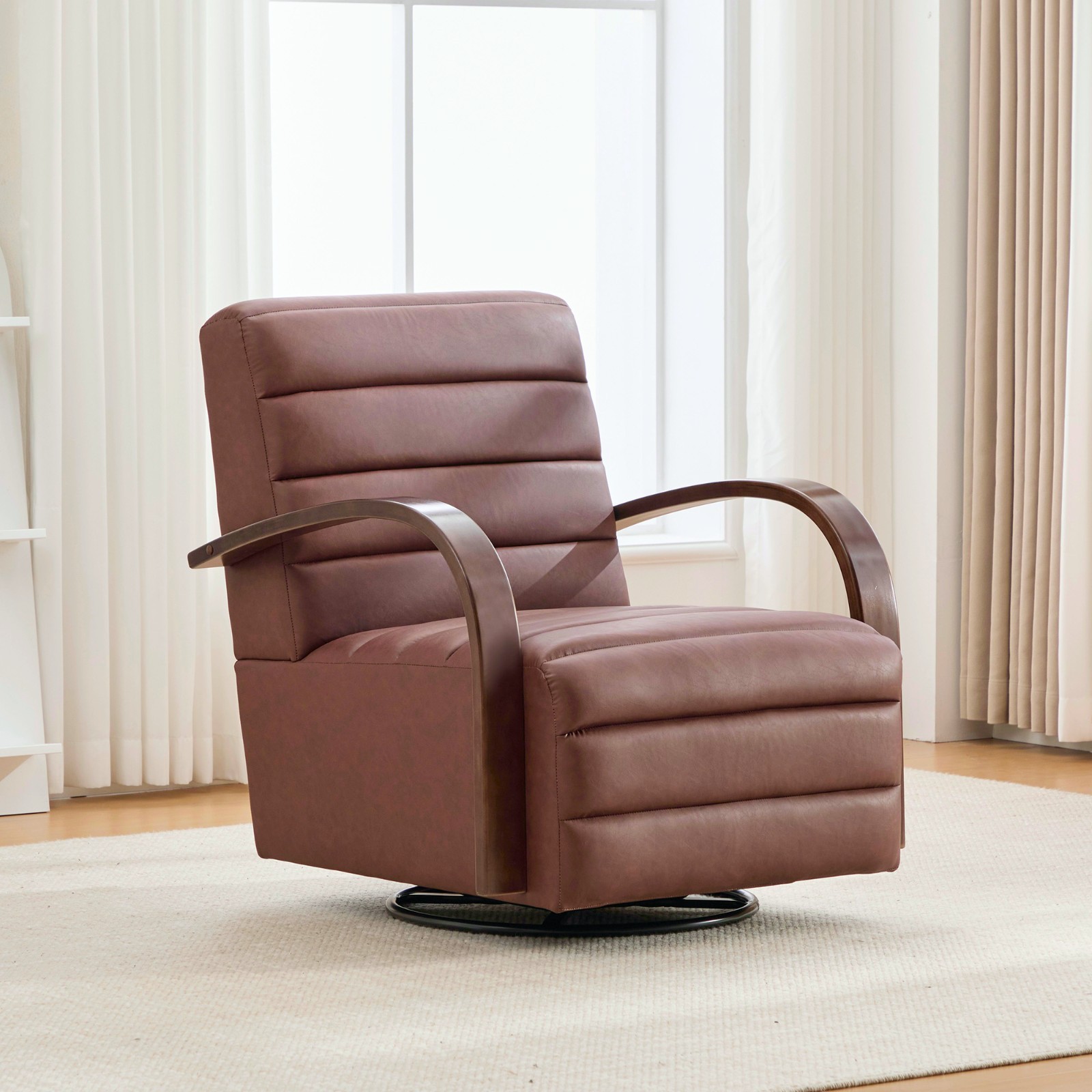 360° Swivel Accent Chair, Tufted with Wood Armrests, Brown