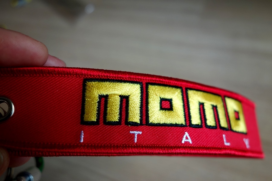 MOMO ITALY Keychain Red Embroidered Fabric Strap Keyring Tag Bike Racing Car new
