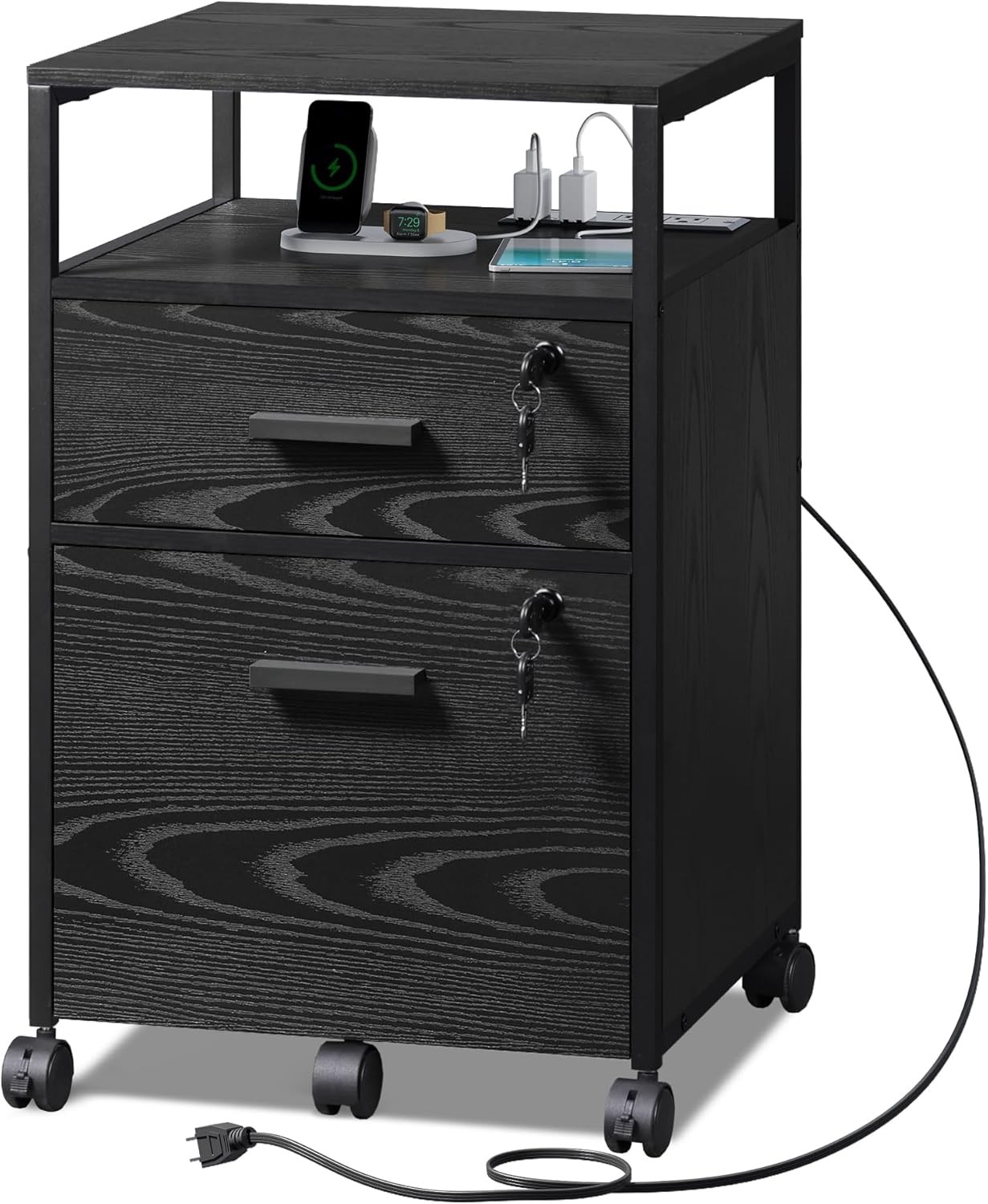 2 Drawer File Cabinet with Lock and Charging Station for Home Office, Black