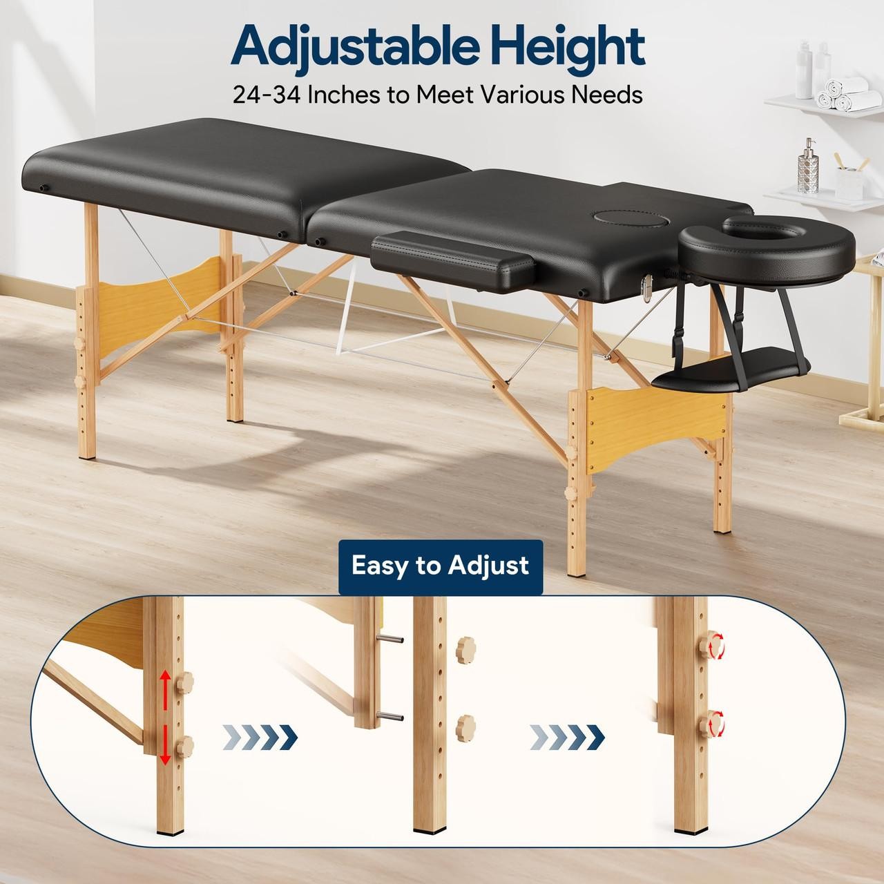 Massage Table Portable Wooden Lash Bed 24" Wide Adjustable Height 2-Fold