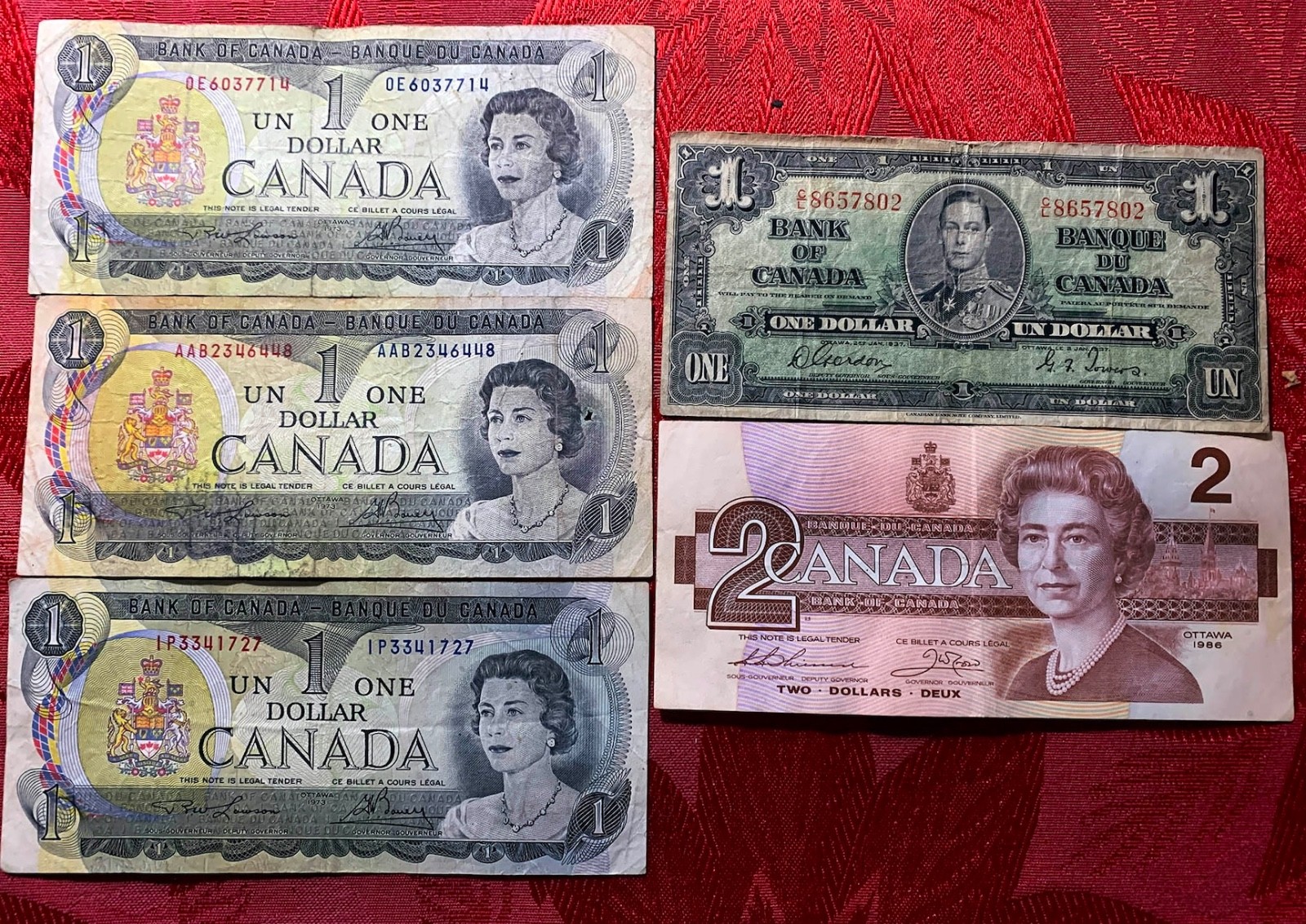 1937 1973 Canada One Dollar & Two Bills