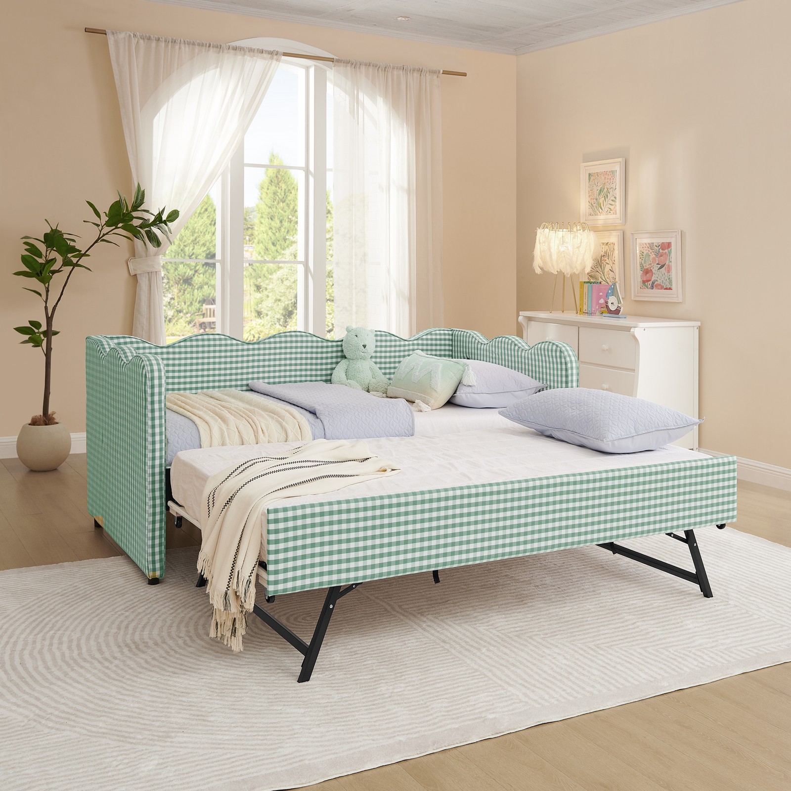 Twin Daybed Sofa Bed w/ Trundle, USB Port, Linen Fabric, Wave Design