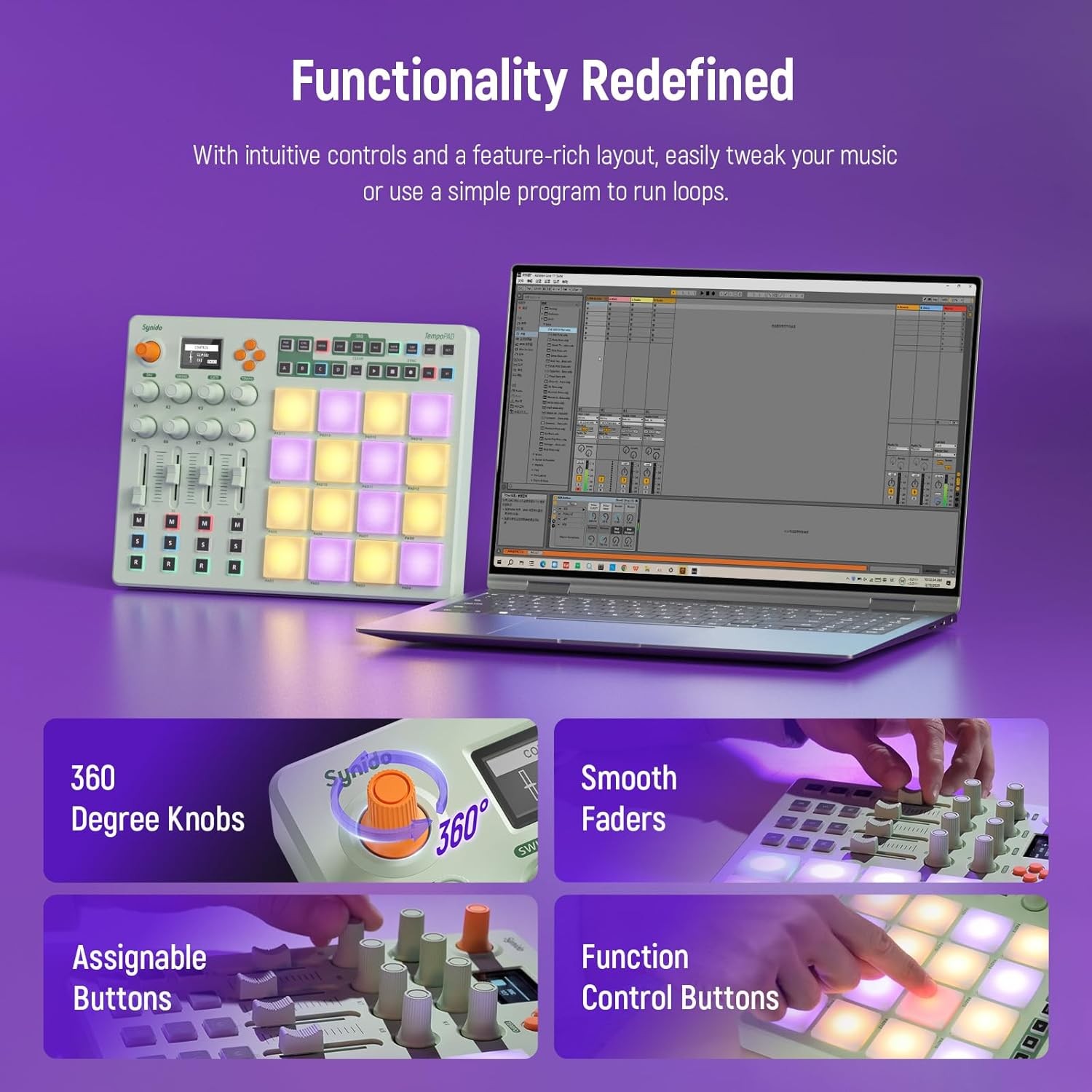 Synido MIDI Pad Controller, Rechargeable Beat Maker Machine with 16 RGB Beat Pad