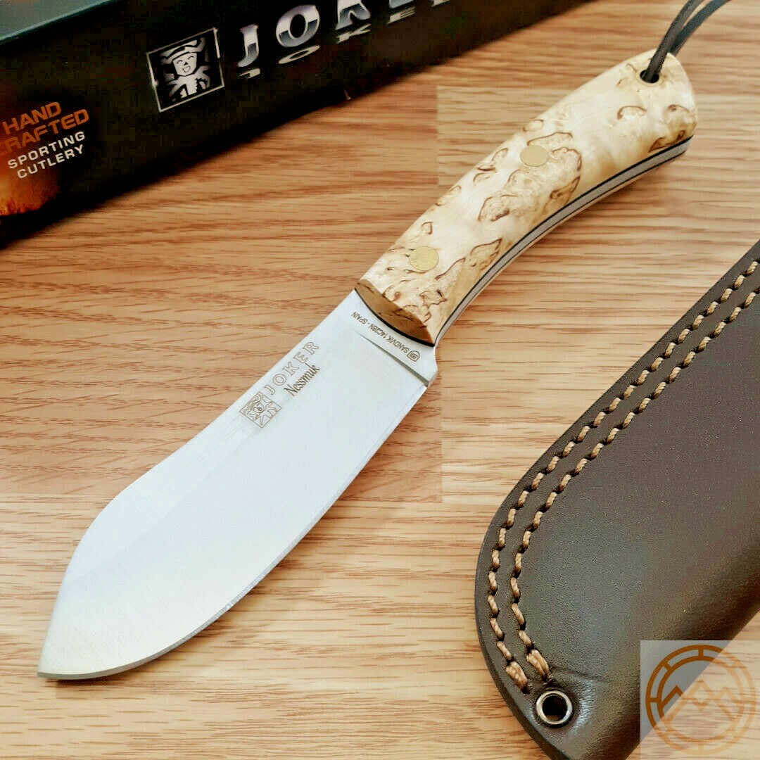 Joker Nessmuk Fixed Knife Sandvik 14C28N Steel Full Blade Curly Birch Handle