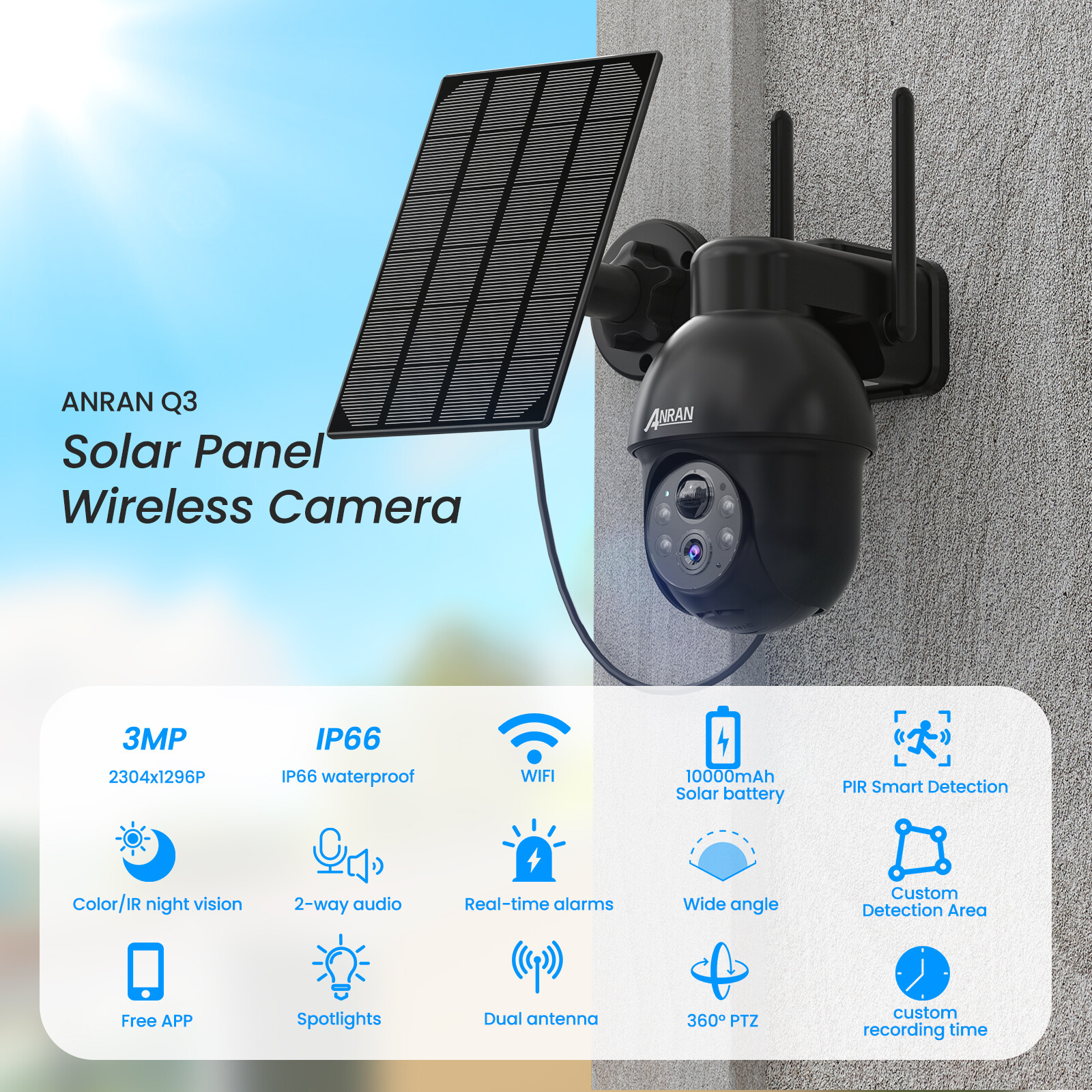 ANRAN Home Security Camera System Solar Panel 360°PTZ Wireless 3MP Outdoor Audio