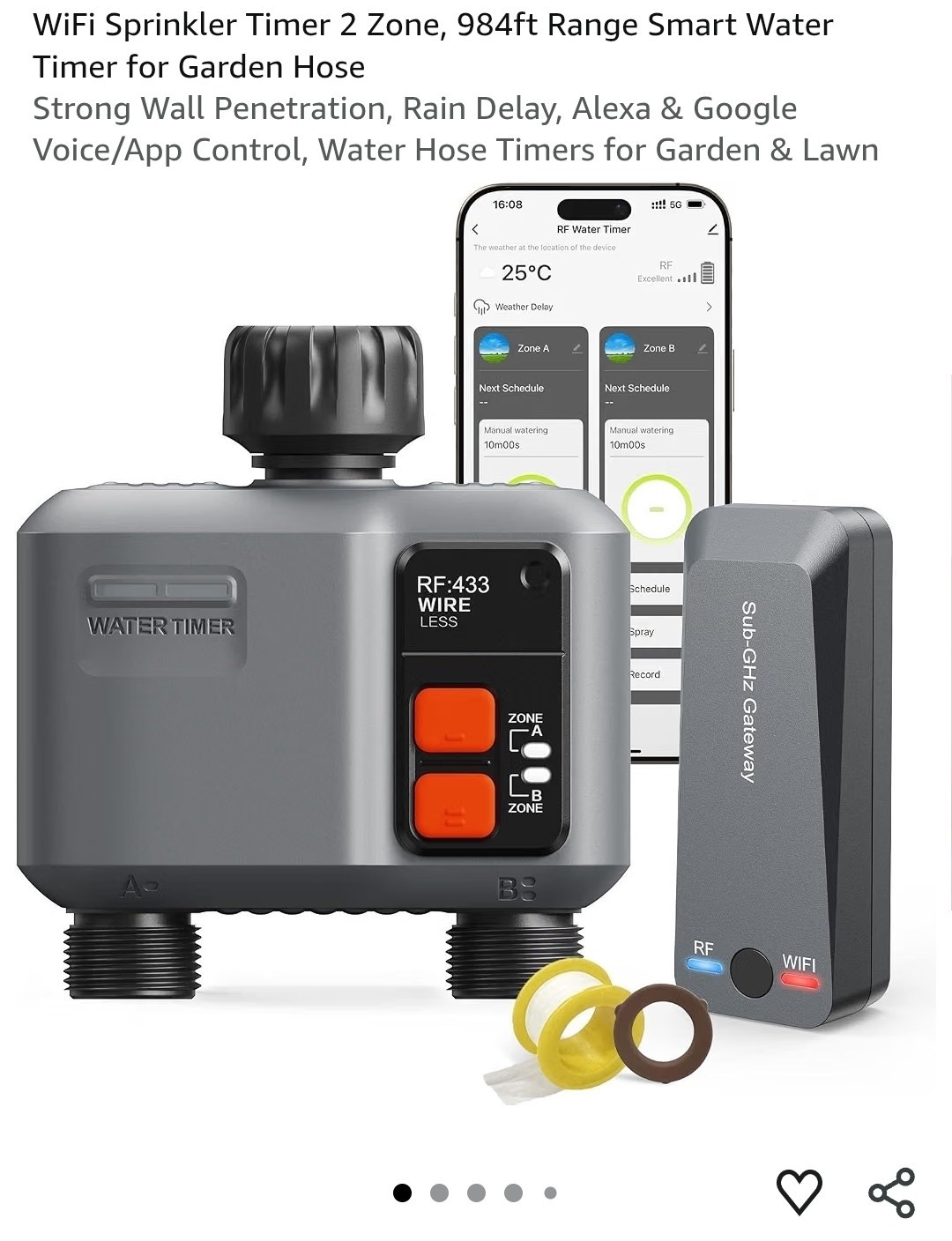 WiFi Sprinkler Timer 2 Zone, 984ft Range Smart Water Timer for Garden Hose