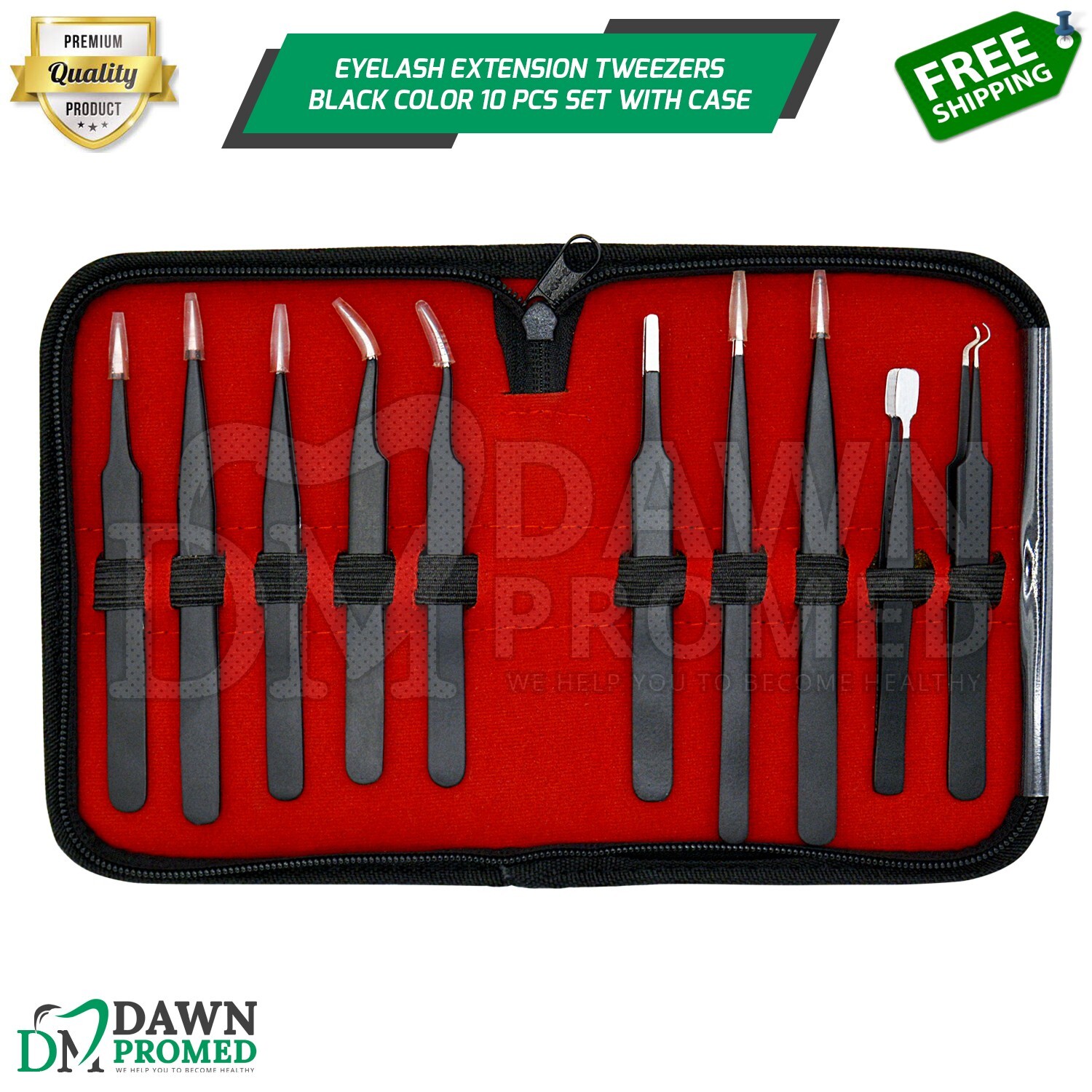 10 Pcs Eyelash Extension Tweezer Anti-Static Black Color Set W/Case German Grade