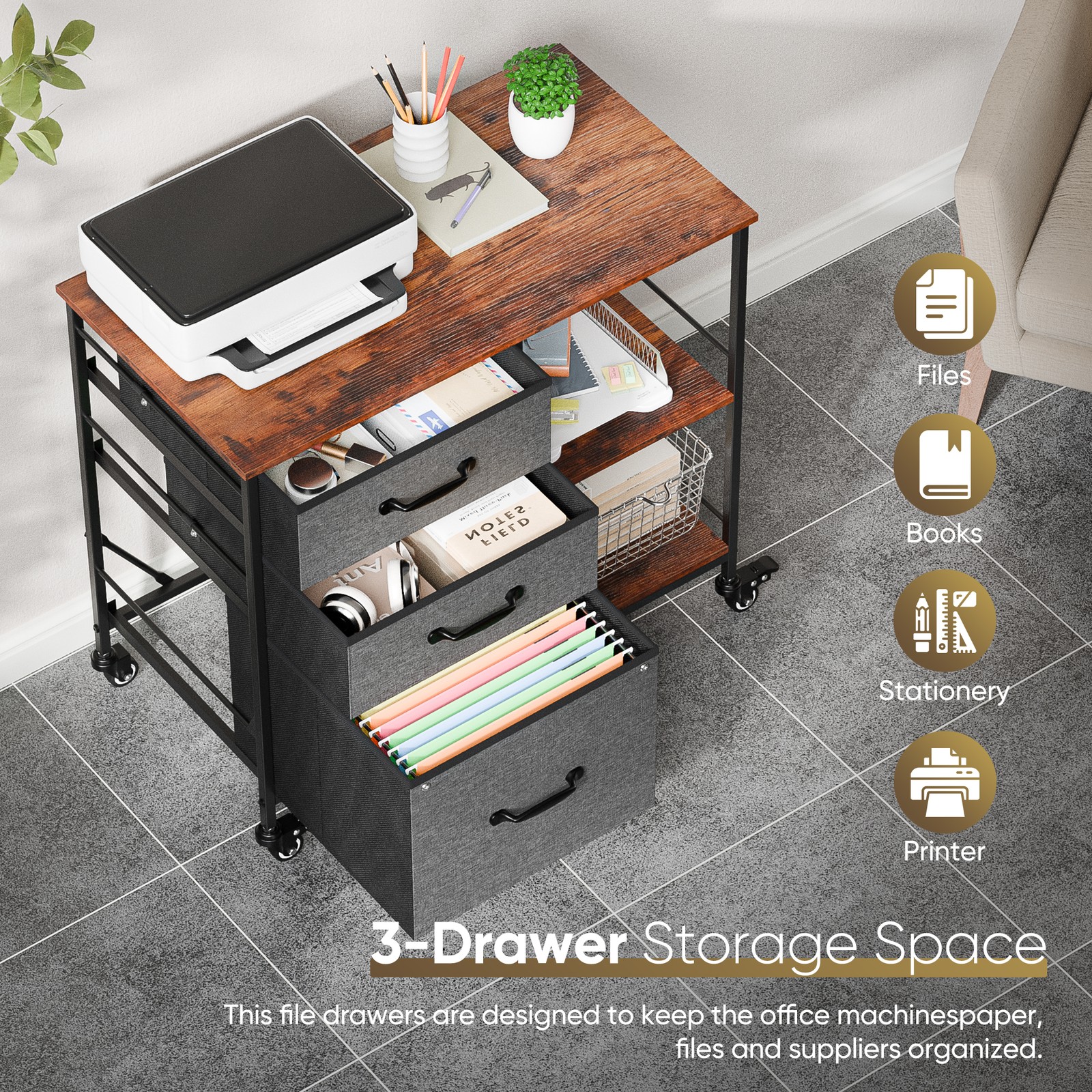File Cabinet Rolling Printer Stand w/ Open Shelf Lateral Cabinet Dark Gray