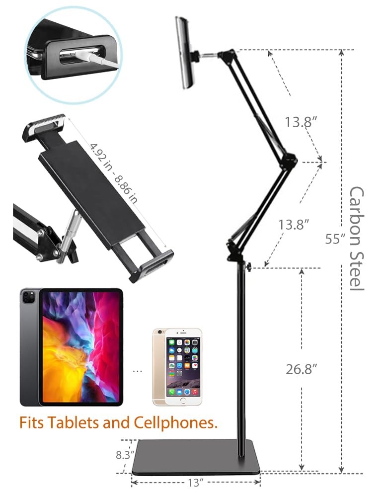 Tablet Floor Stand with Double Weight Base, Overhead Bed Phone Mount Height A...