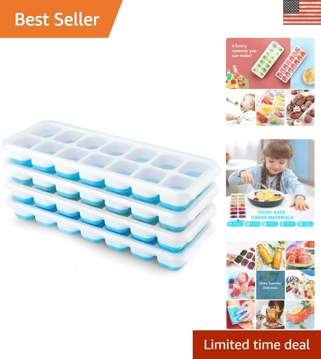 Elegant Blue Silicone Ice Cube Trays, 4-Pack with Removable Lids for Cocktails