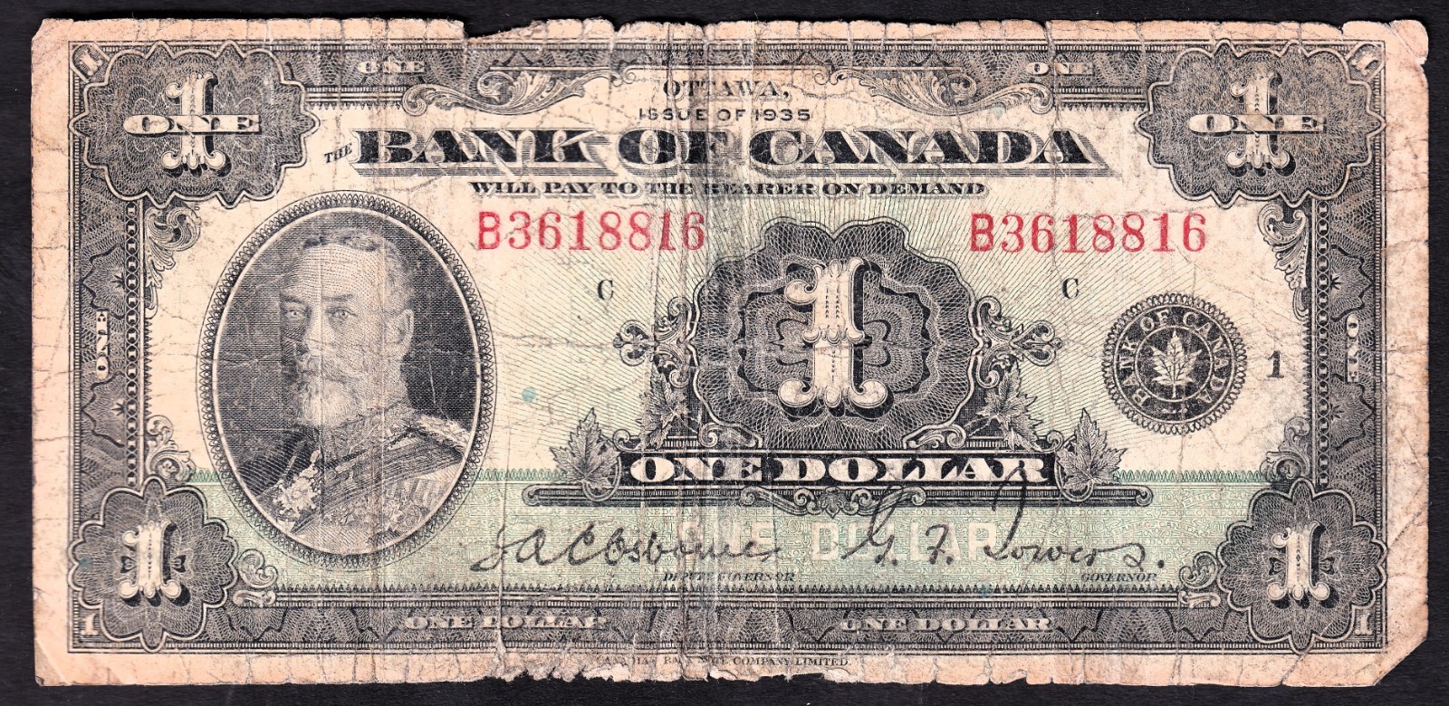 Bank of Canada 1935 $1 One Dollar Banknote Osbourne - Towers B3618816